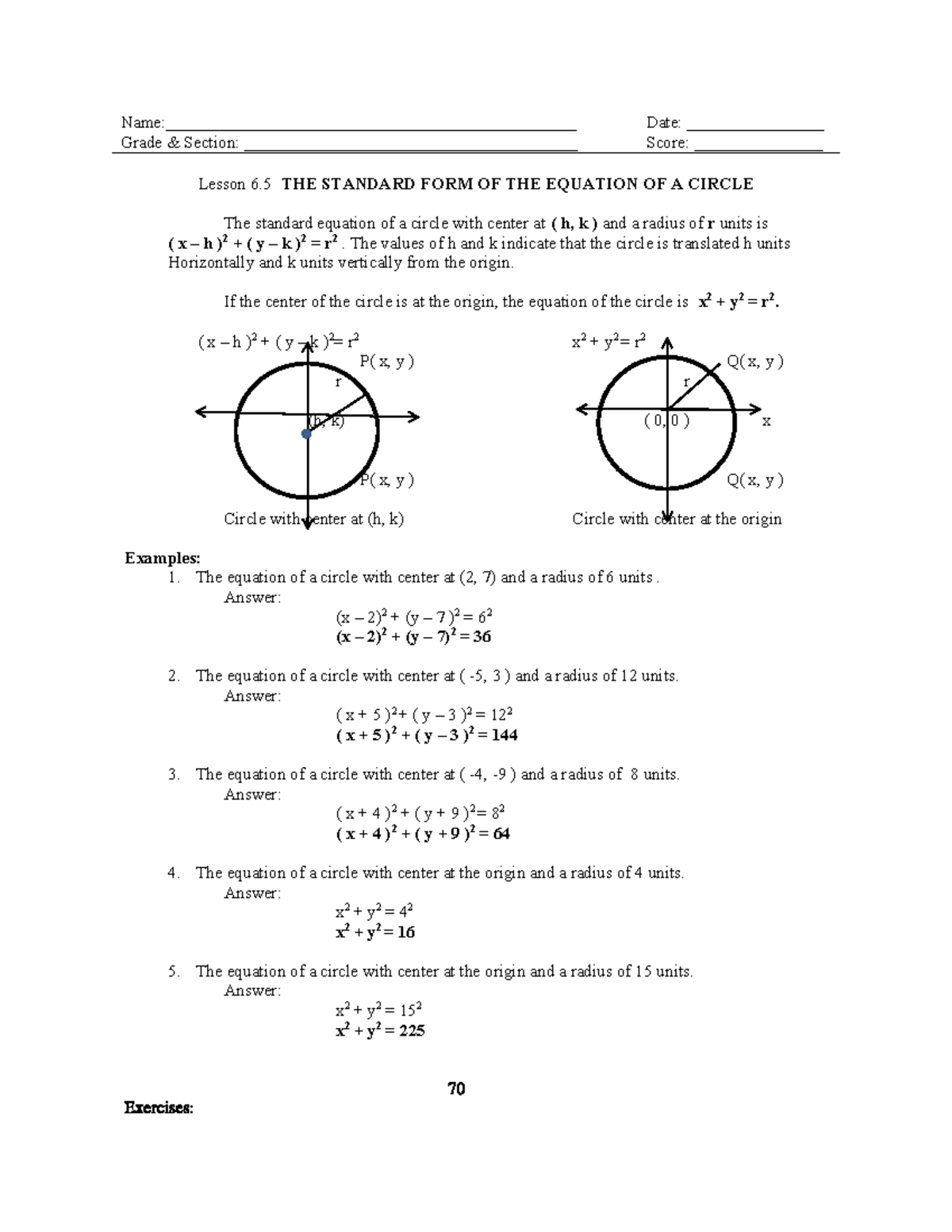 Lesson 6 - Standard Form of the Equation of a Circle - Studocu