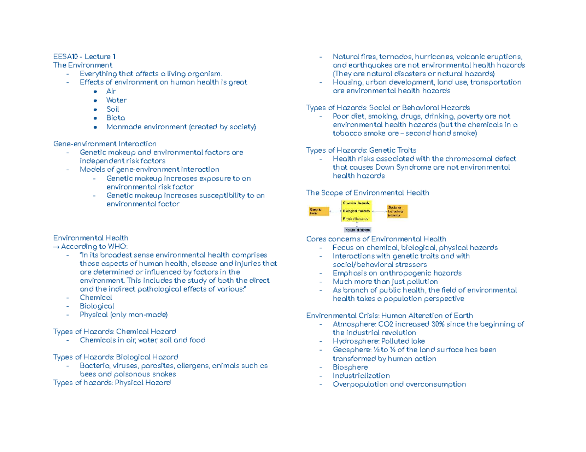 EESA10 Lecture Notes: Environmental Health Hazards and Impacts - Studocu