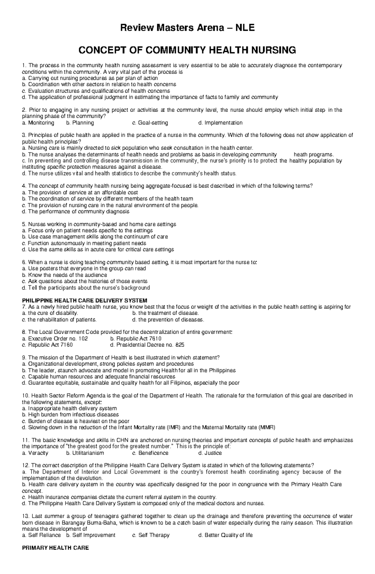 Community Health Nursing Concepts: Review Notes for 385766790 - Studocu