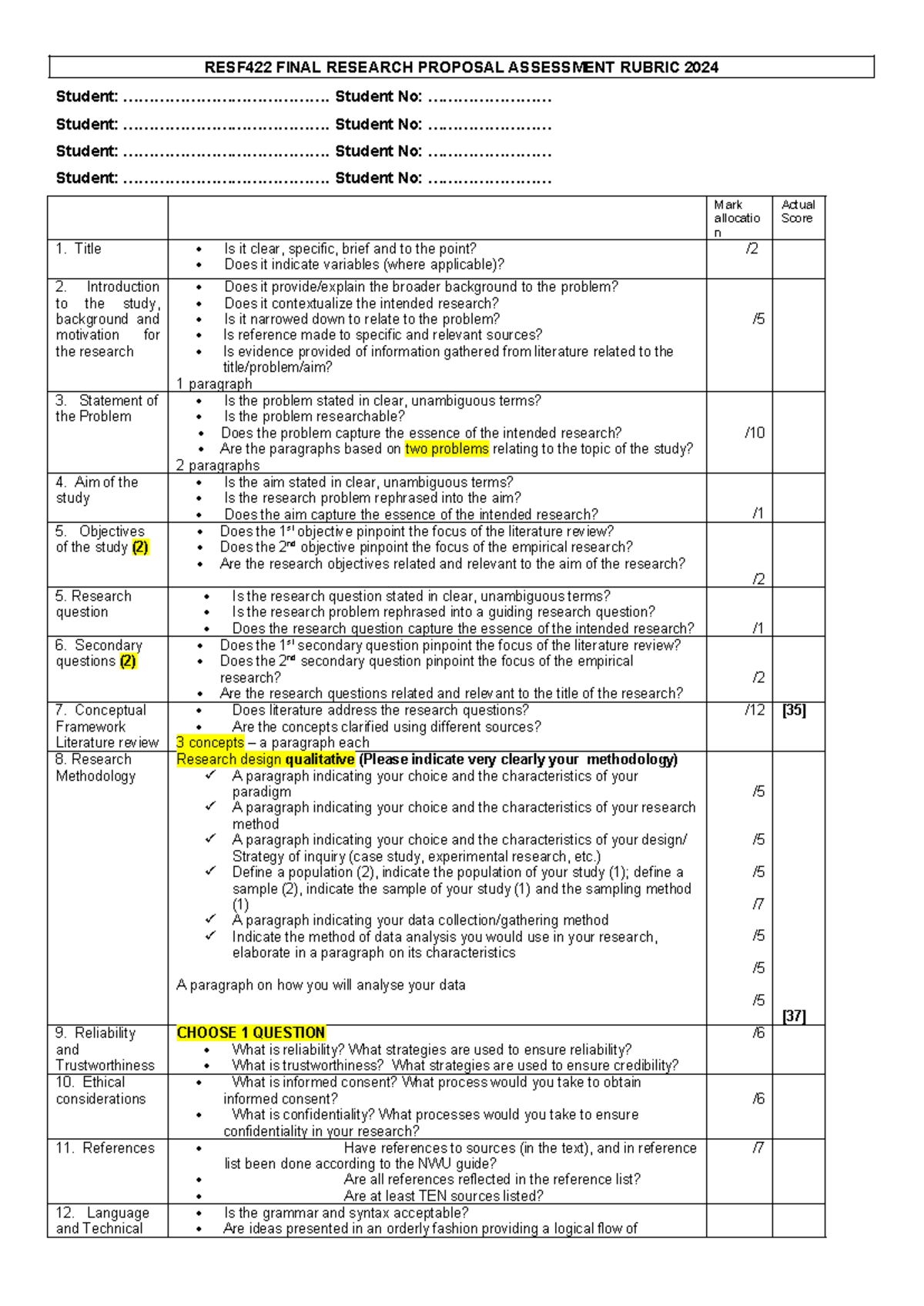 RESF422 FINAL RESEARCH PROPOSAL ASSESSMENT RUBRIC 2024 - Studocu