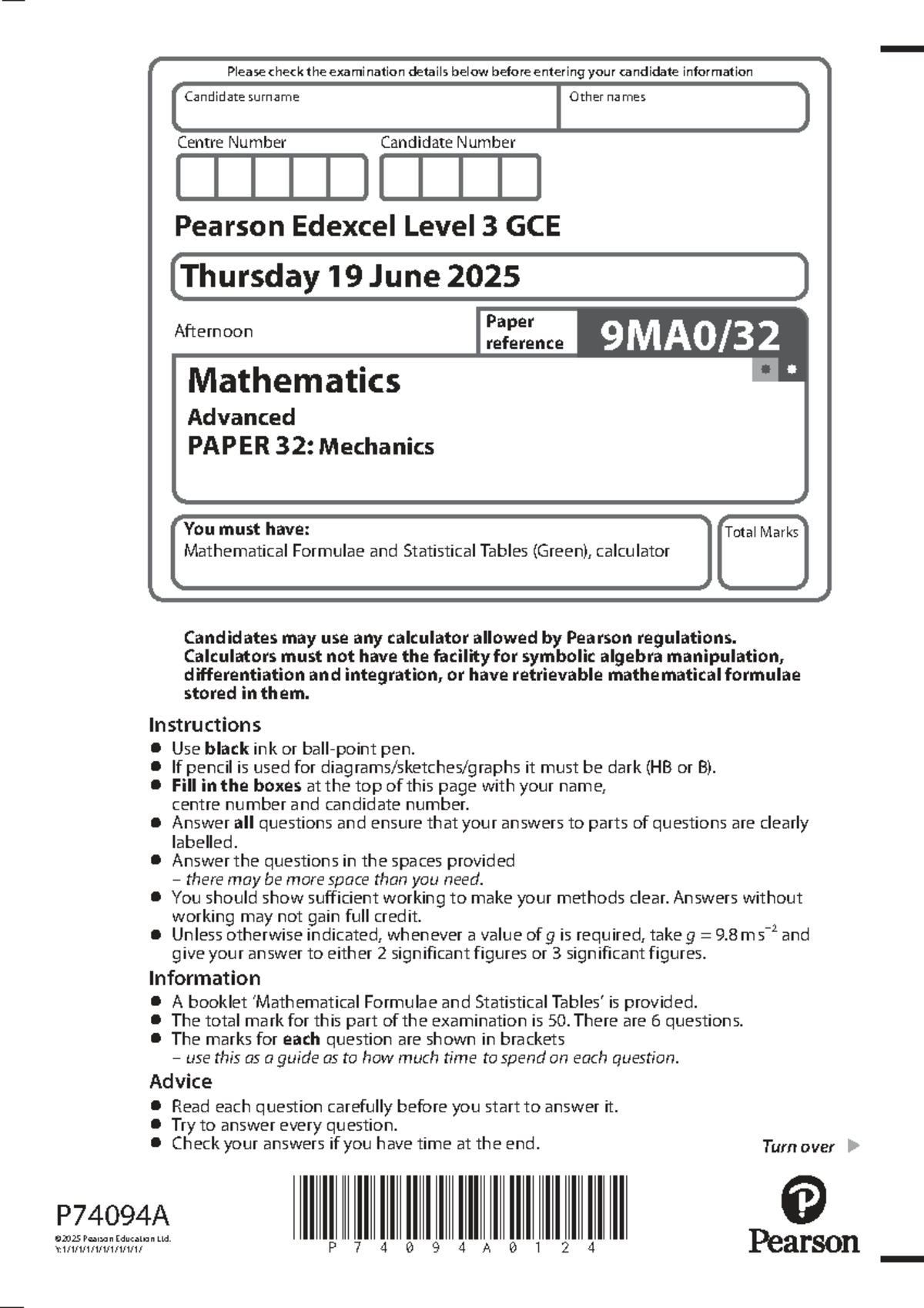 Edexcel Level 3 GCE Maths Paper 3 Mechanics Exam - June 2025 - Document Preview