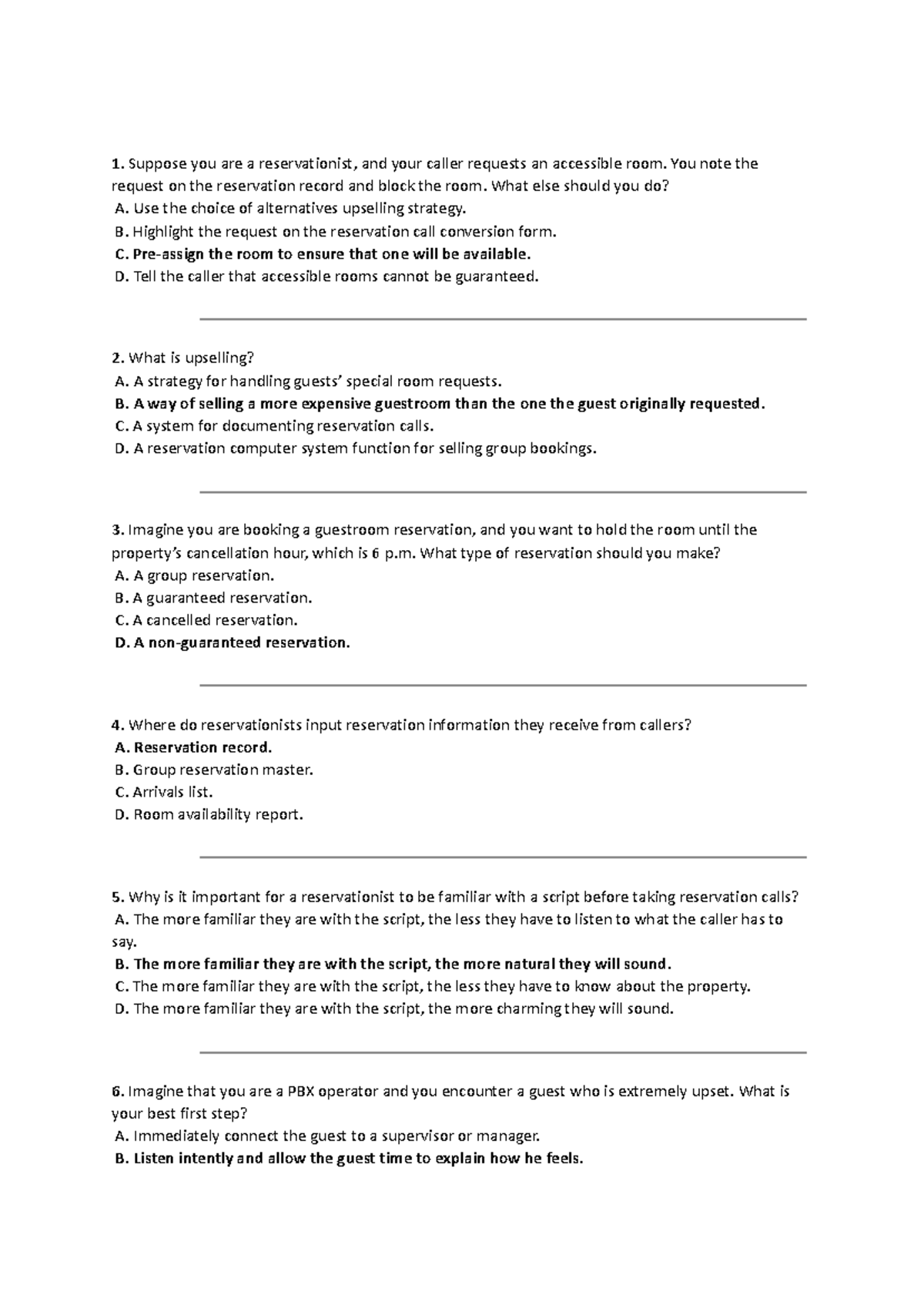 Quiz 1 - Receptionist Skills and Scenarios (Course Code: 1) - Studocu