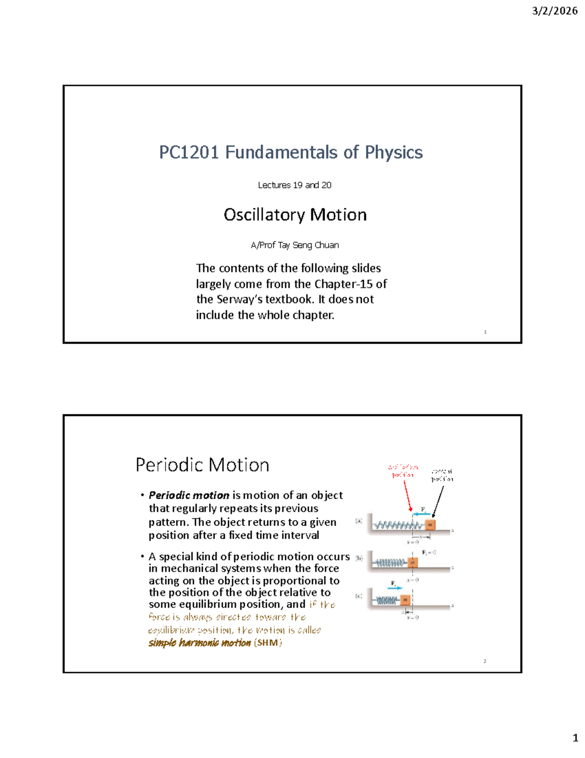 PC1201 Fundamentals of Physics: Lectures 19 & 20 on Oscillatory Motion ...