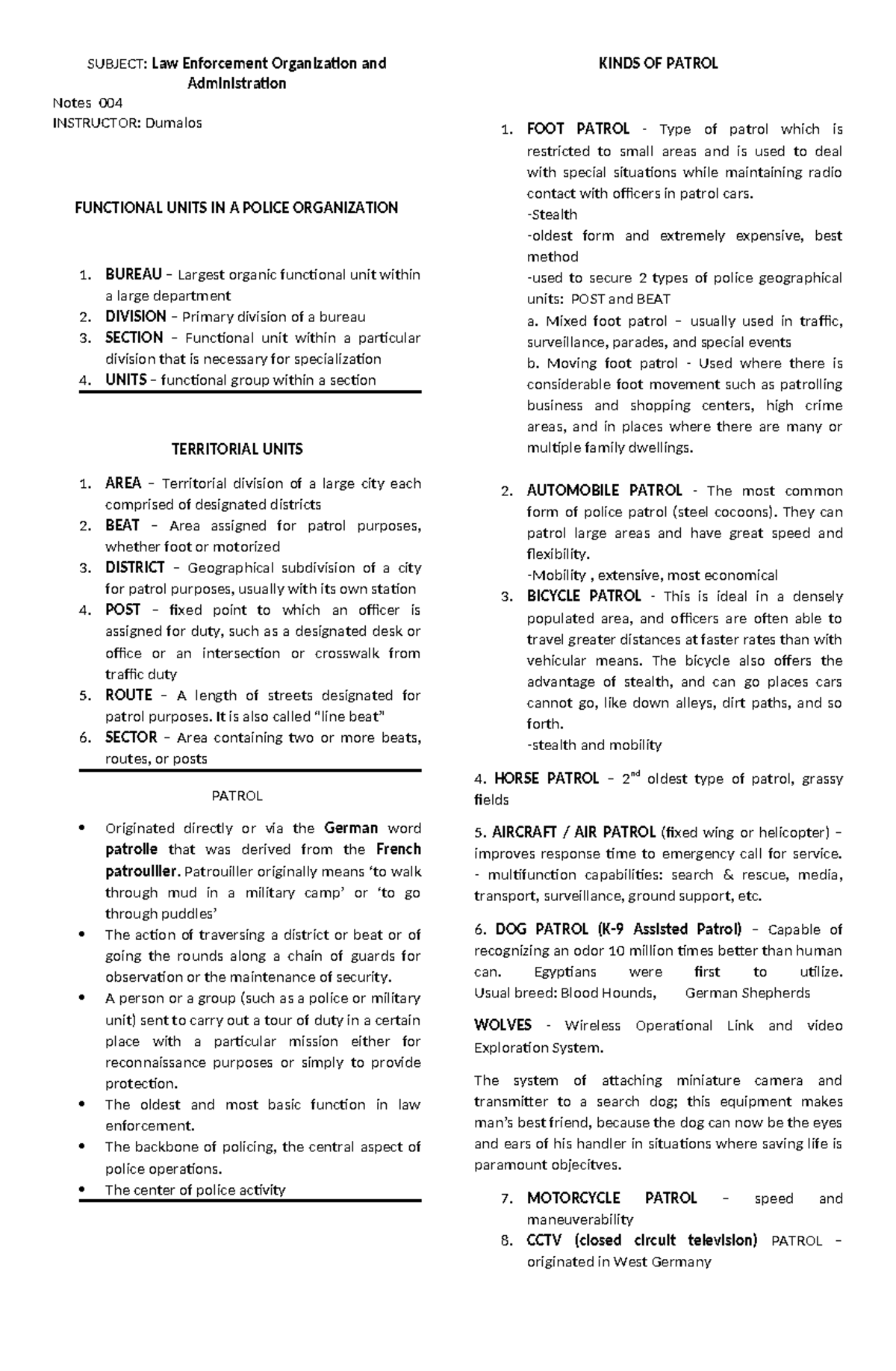 LEA 1 Notes 004 - Police Organization & Patrol Functions - Studocu