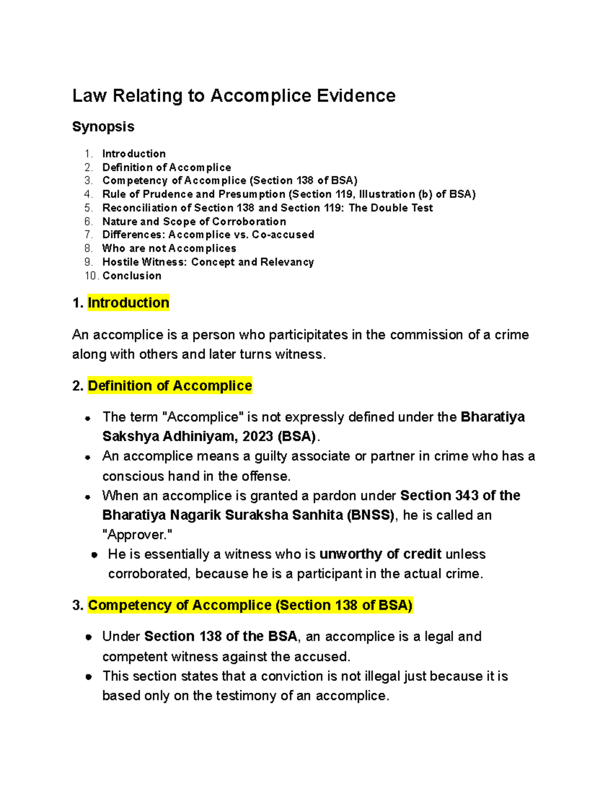 BSA 2023: Accomplice Evidence Law Notes and Analysis - Studocu
