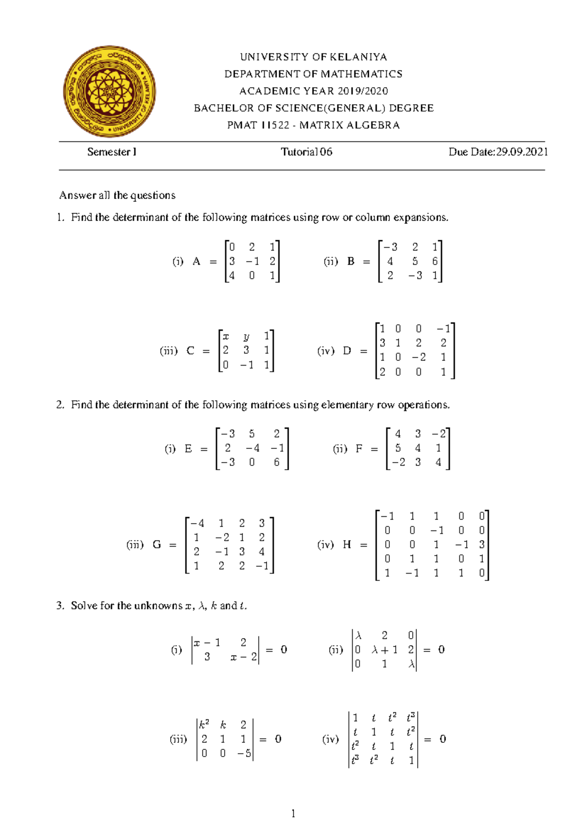 PMAT 11522 - Matrix Algebra Semester I Tutorial 06 Solutions - Studocu