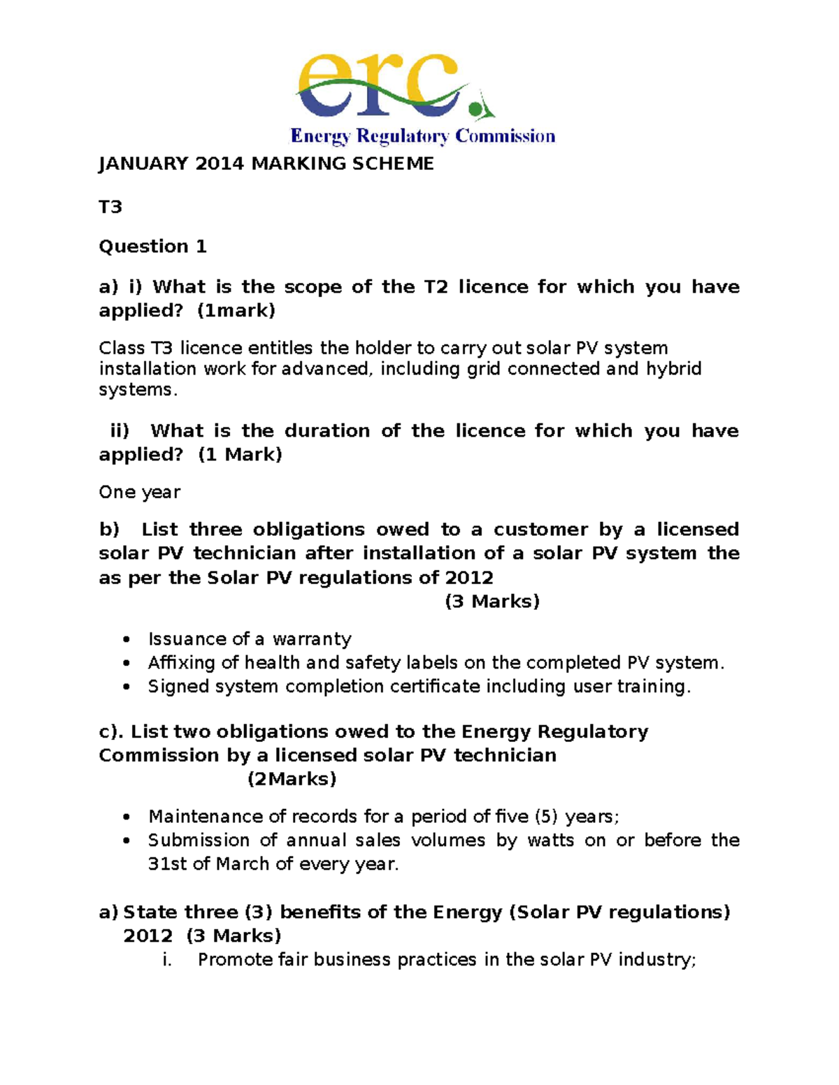 January 2014 T3 Marking Scheme for Solar PV System Exam - Studocu