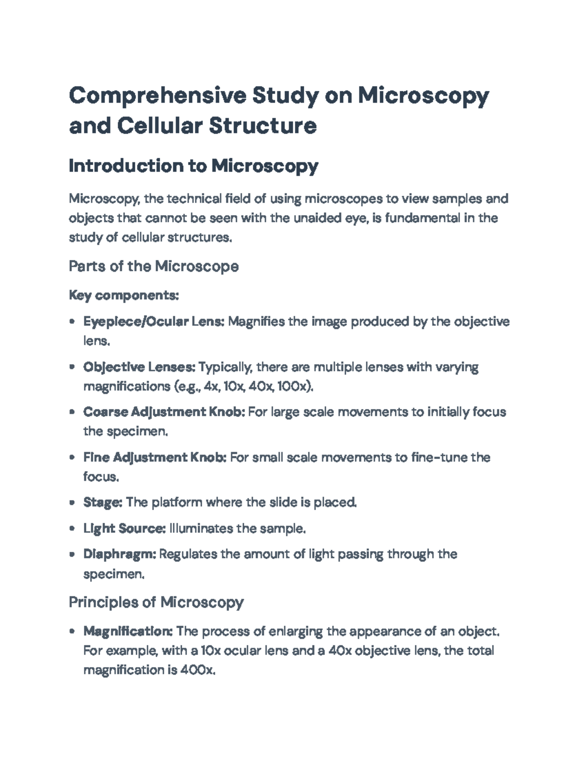 Comprehensive Study on Microscopy and Cellular Biology - Course Notes ...