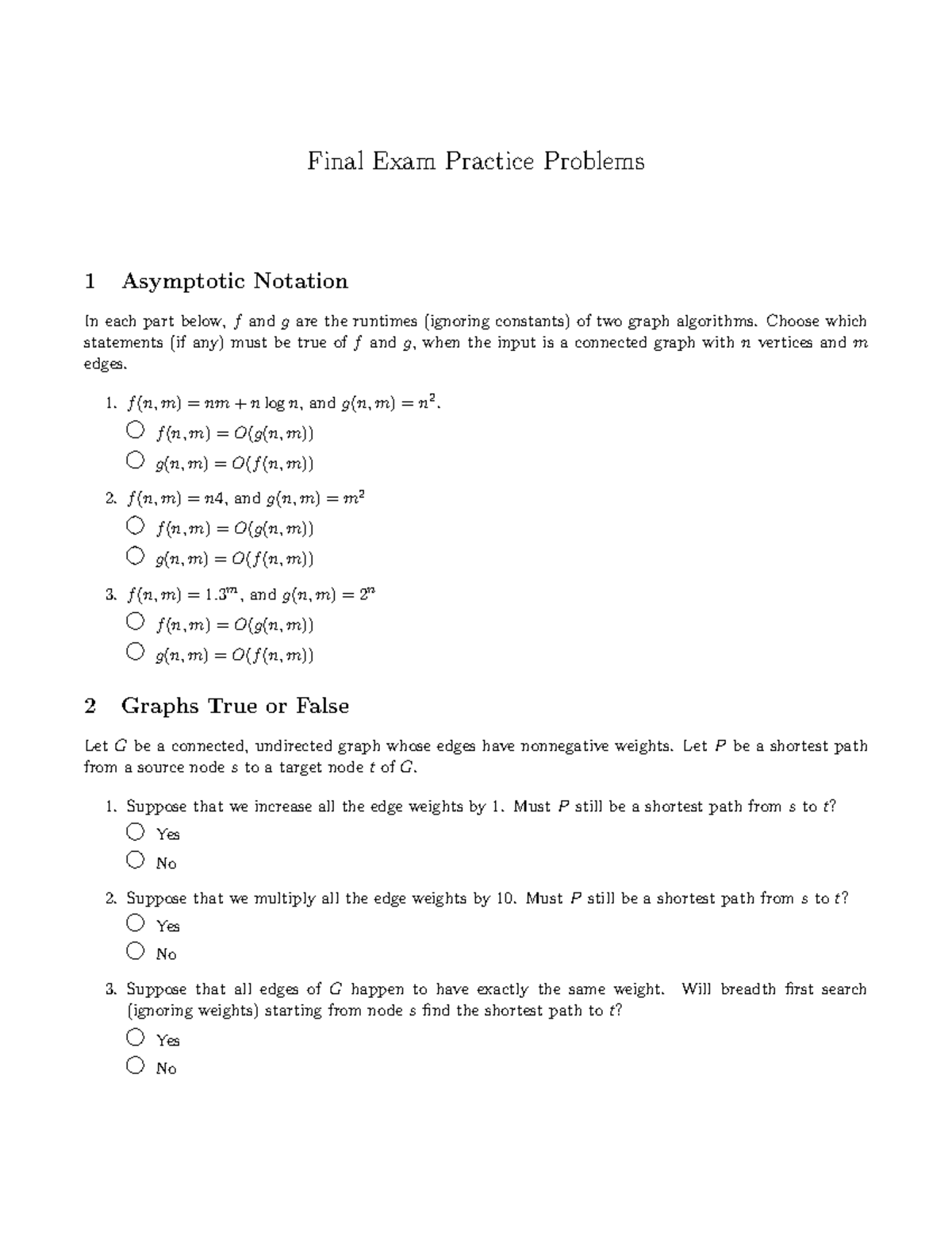 Final Exam Practice Problems: Asymptotic Notation & Graph Algorithms ...