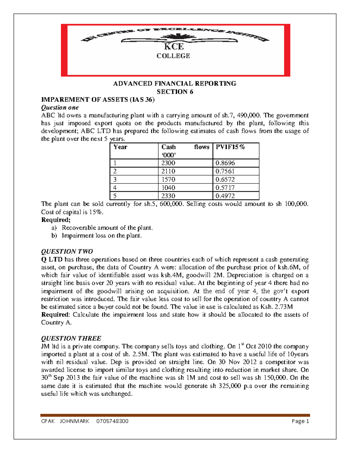 AFR 101 - Lecture Notes on Impairment of Assets & Financial Instruments ...