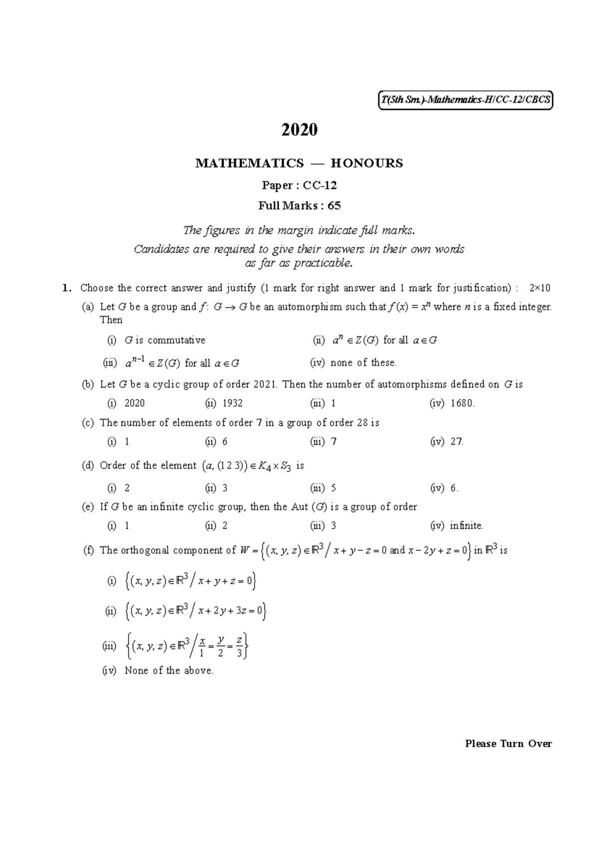 CU-2020 B.A. B - Mathematics 5th Sem Question Paper CC-12 - Studocu