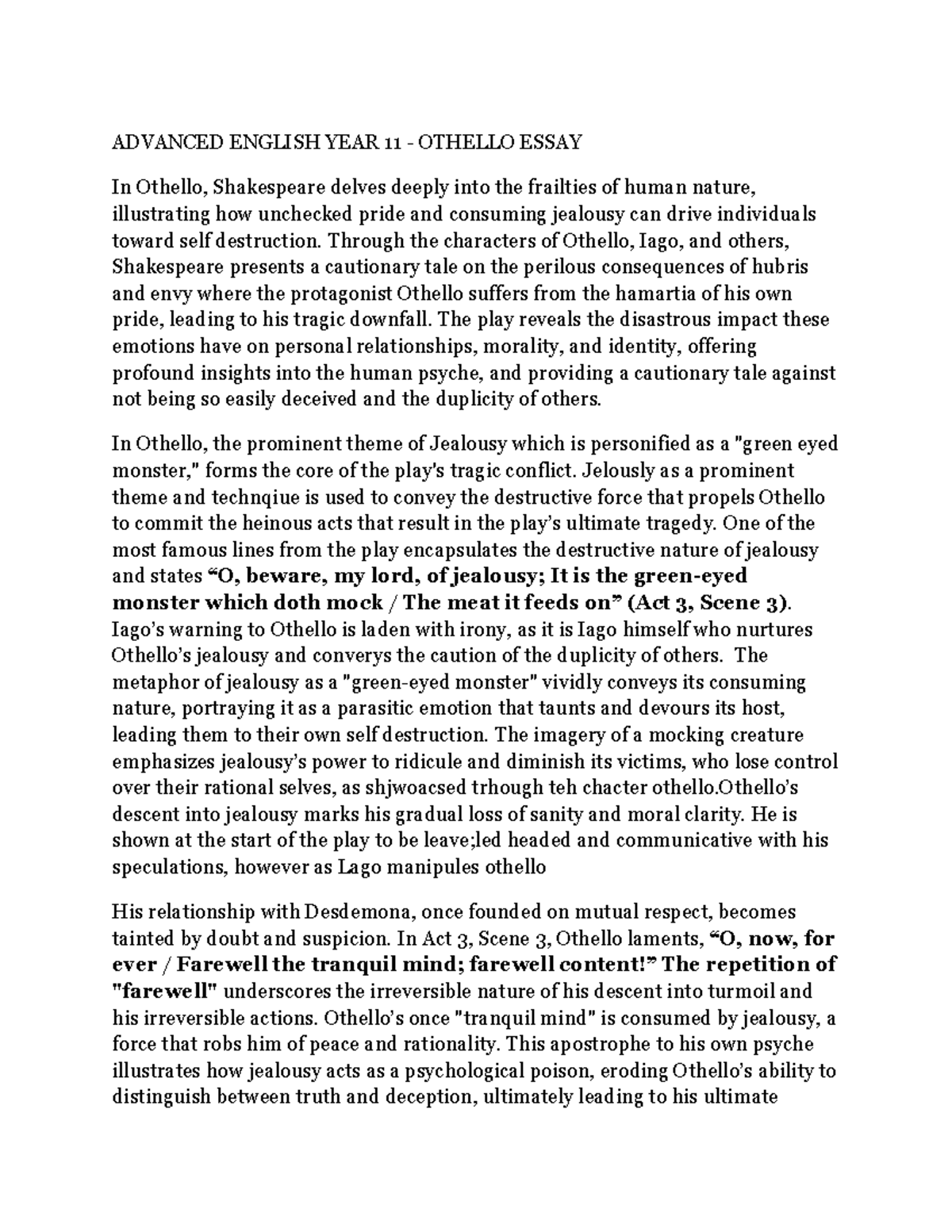 ADVANCED ENGLISH YEAR 11 - OTHELLO ESSAY ON HUMAN NATURE - Studocu