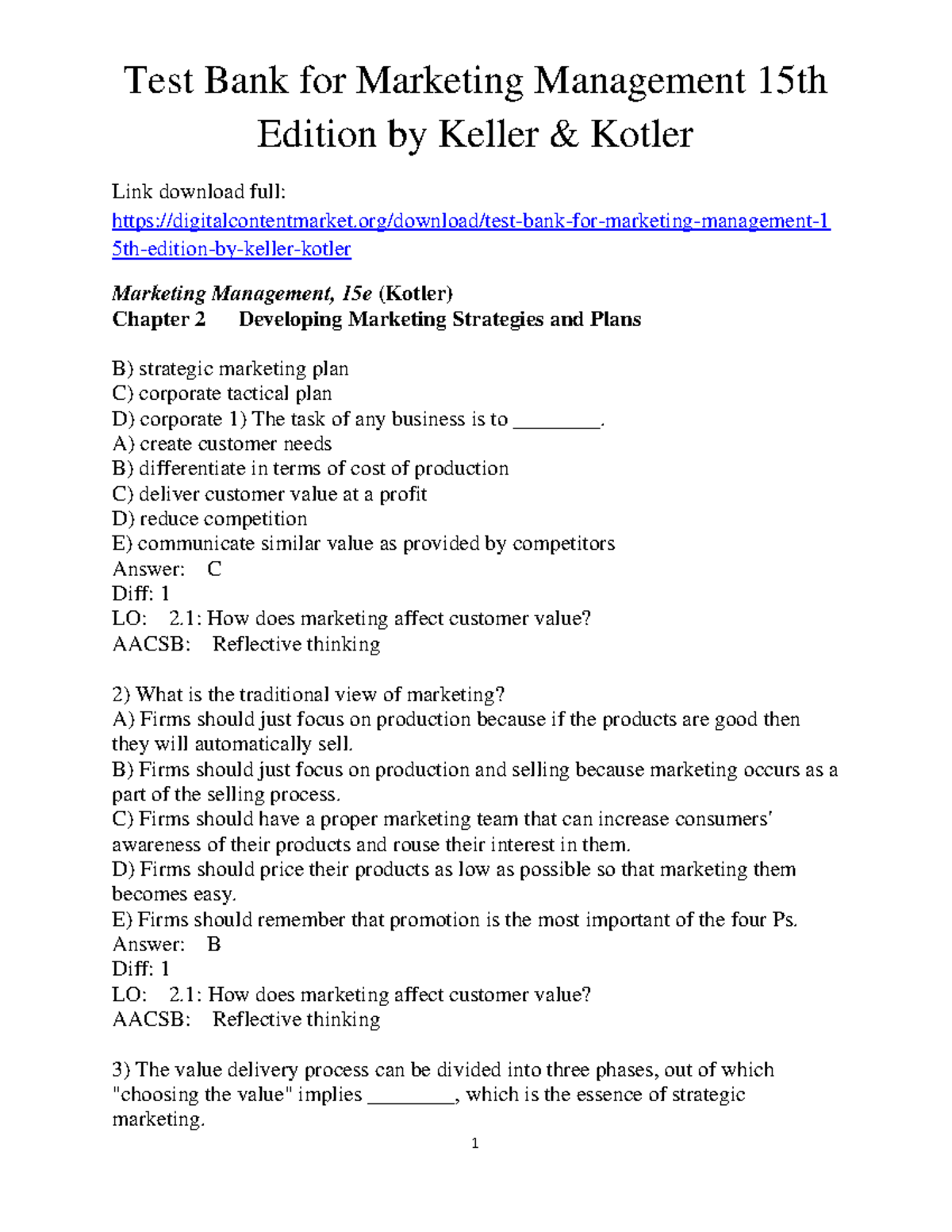 Test Bank for Marketing Management (15e) - Chapter 2 Strategies & Plans ...