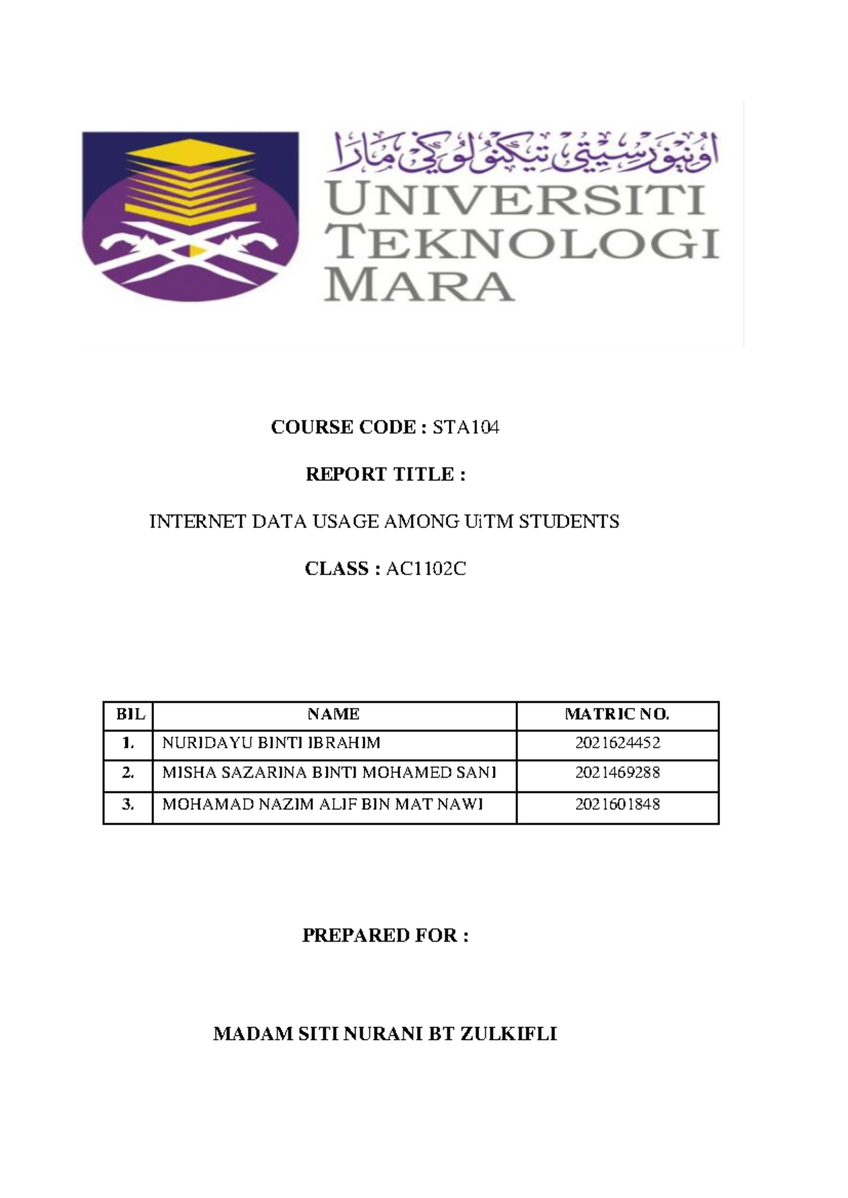STA Assignment Report not finished - COURSE CODE : STA REPORT TITLE ...