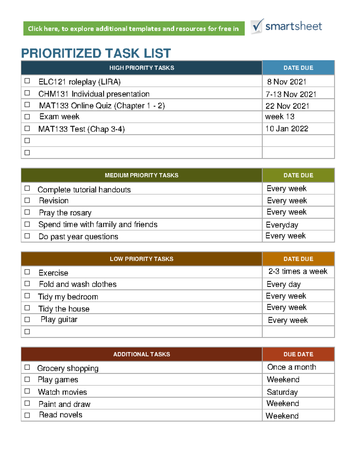 Prioritized To-Do List: High, Medium & Low Priority Tasks - Studocu