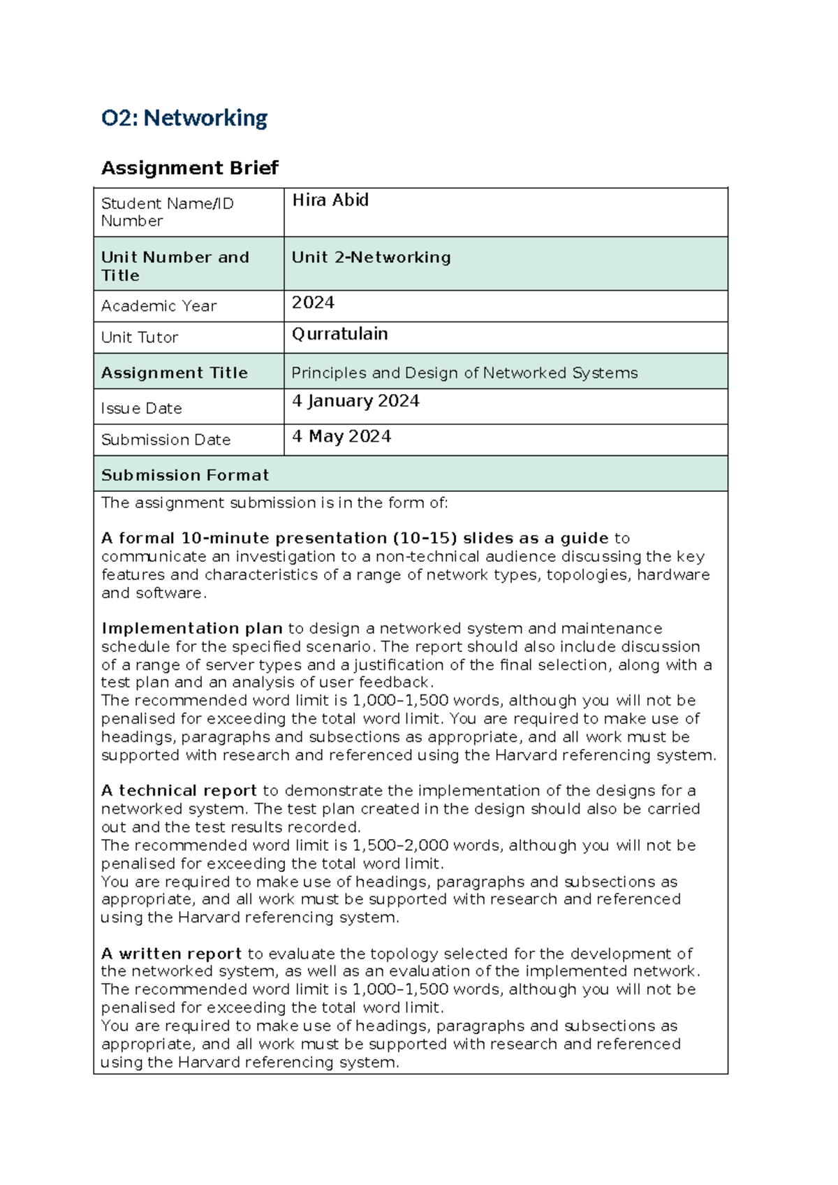 O2: Networking Assignment Brief - Principles & Design of Networked ...