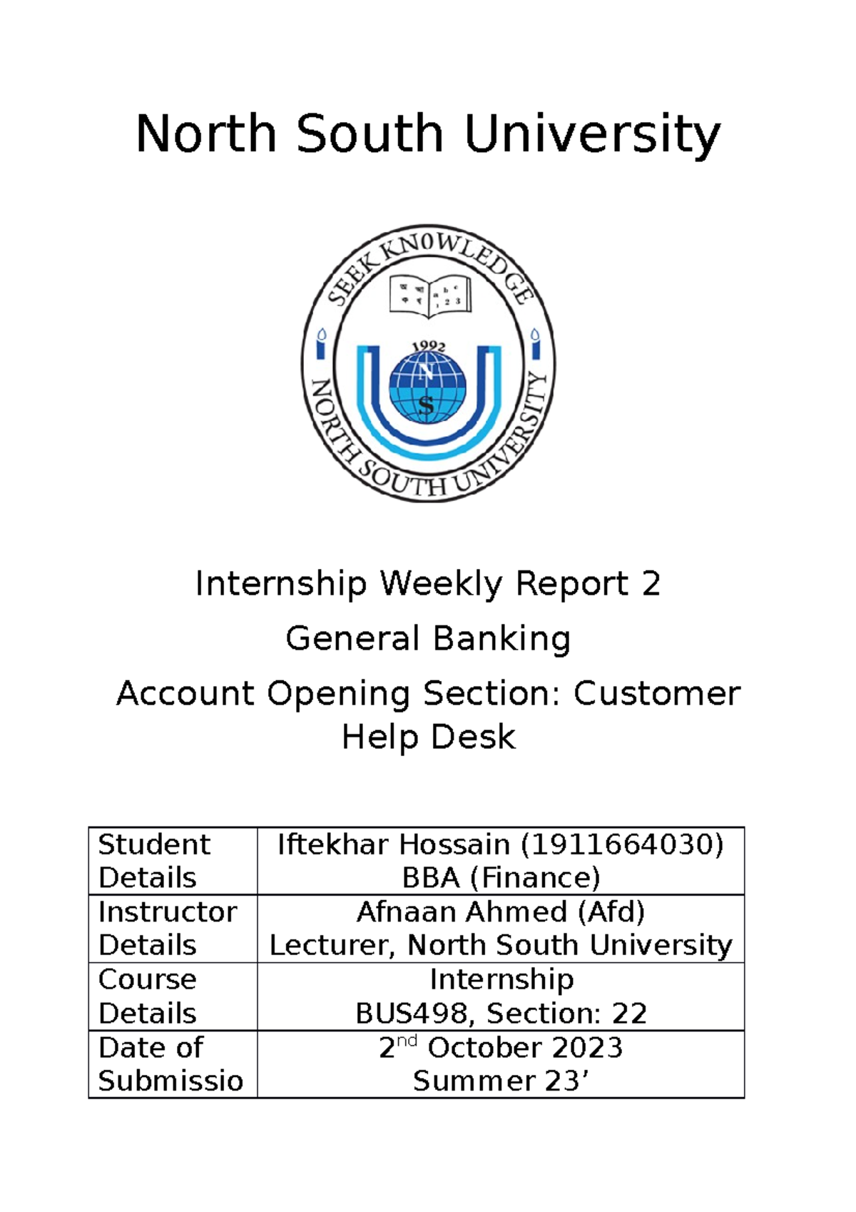 BUS498 internship weekly report 2 - North South University Internship ...