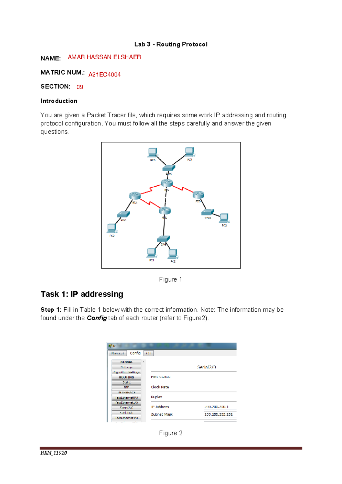 Lab 3 Student Version S11920 - Lab 3 - Routing Protocol NAME: MATRIC ...