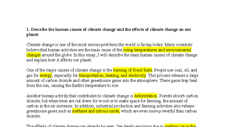 ENG101: Causes and Effects of Climate Change - Essay Notes - Studocu
