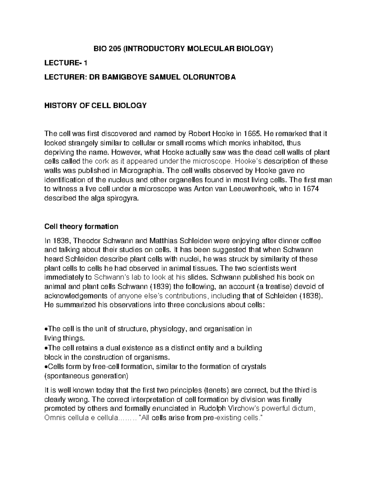 BIO 205 - Lecture 1: History and Modern Cell Biology - Studocu