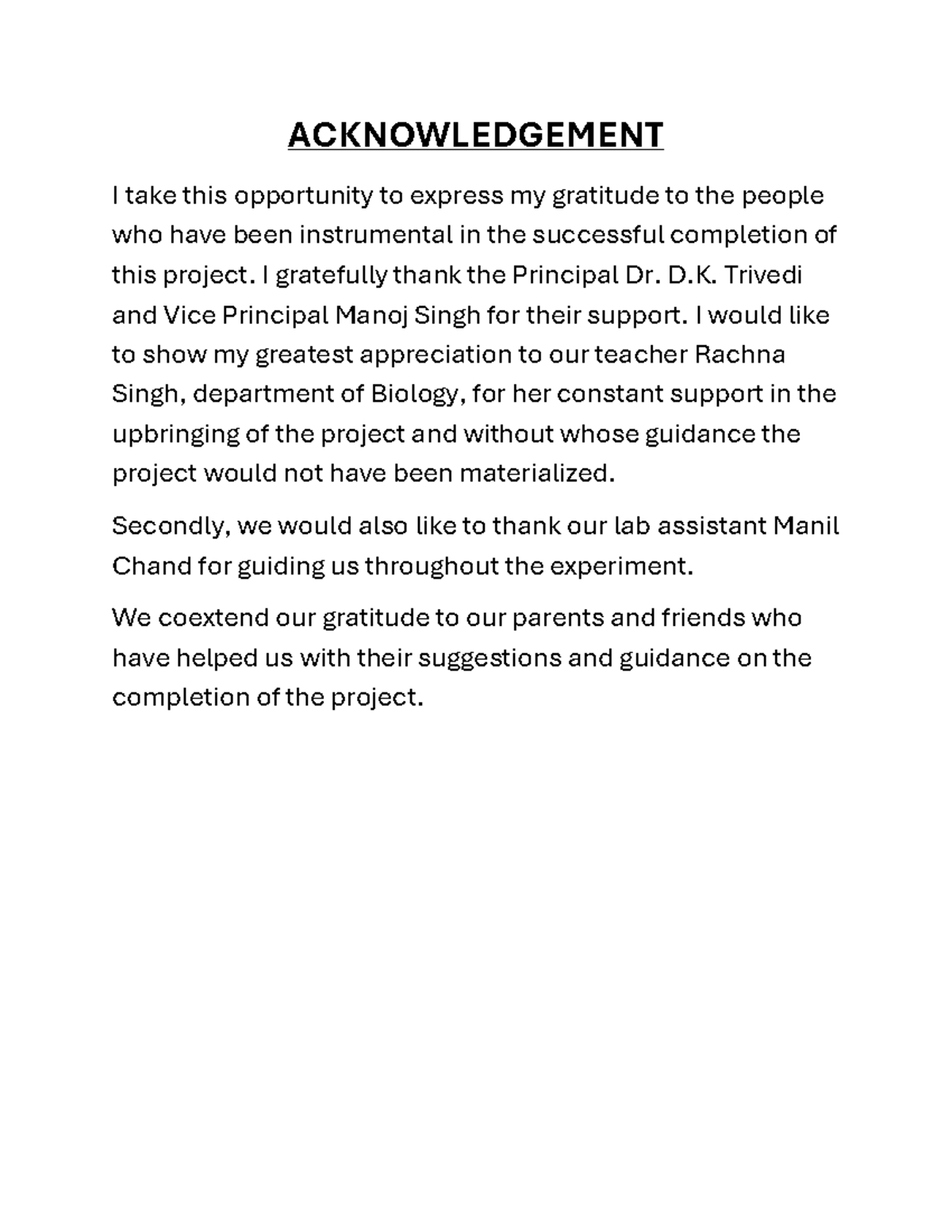 Acknowledgement of Support for Biology Project Completion - Studocu