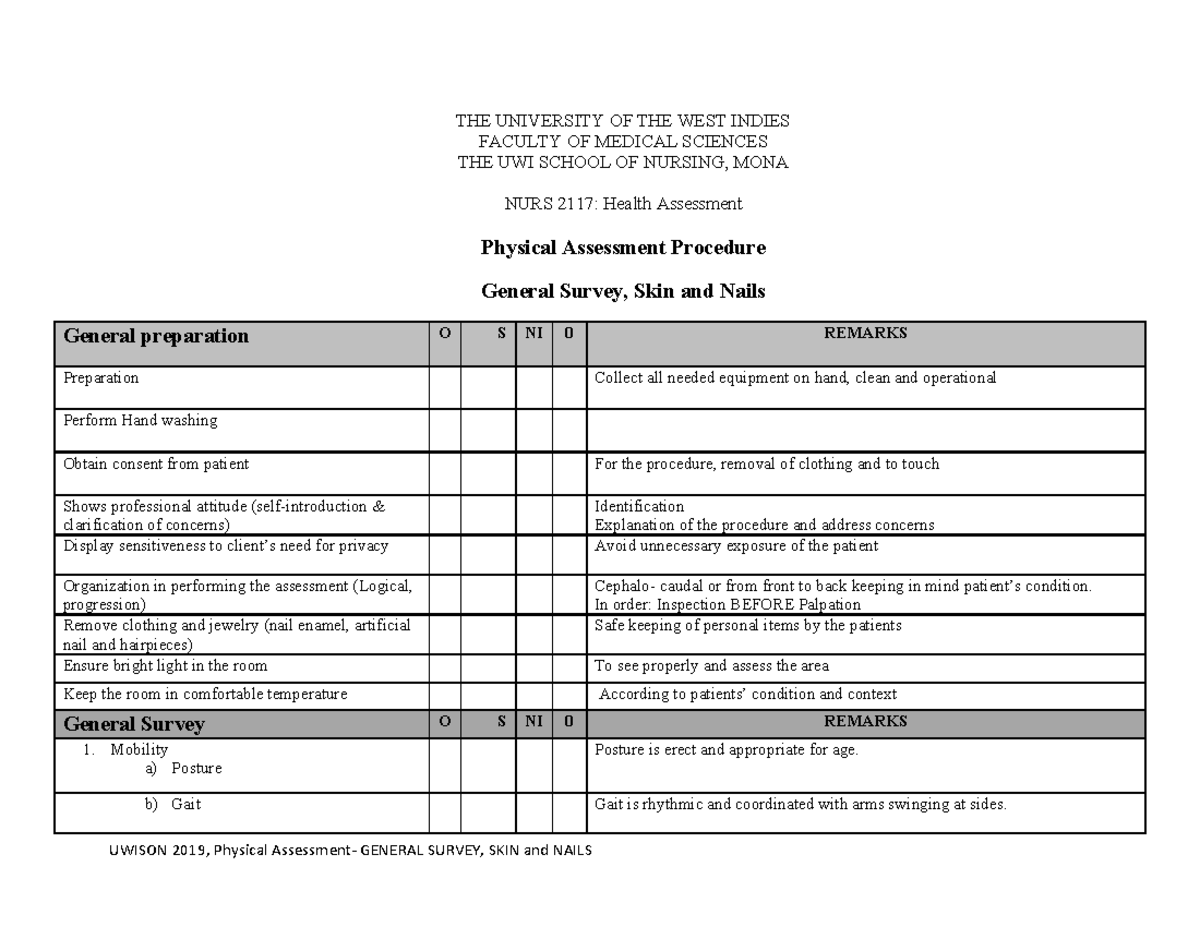 NURS 2117: Health Assessment - General Survey, Skin & Nails Procedure ...