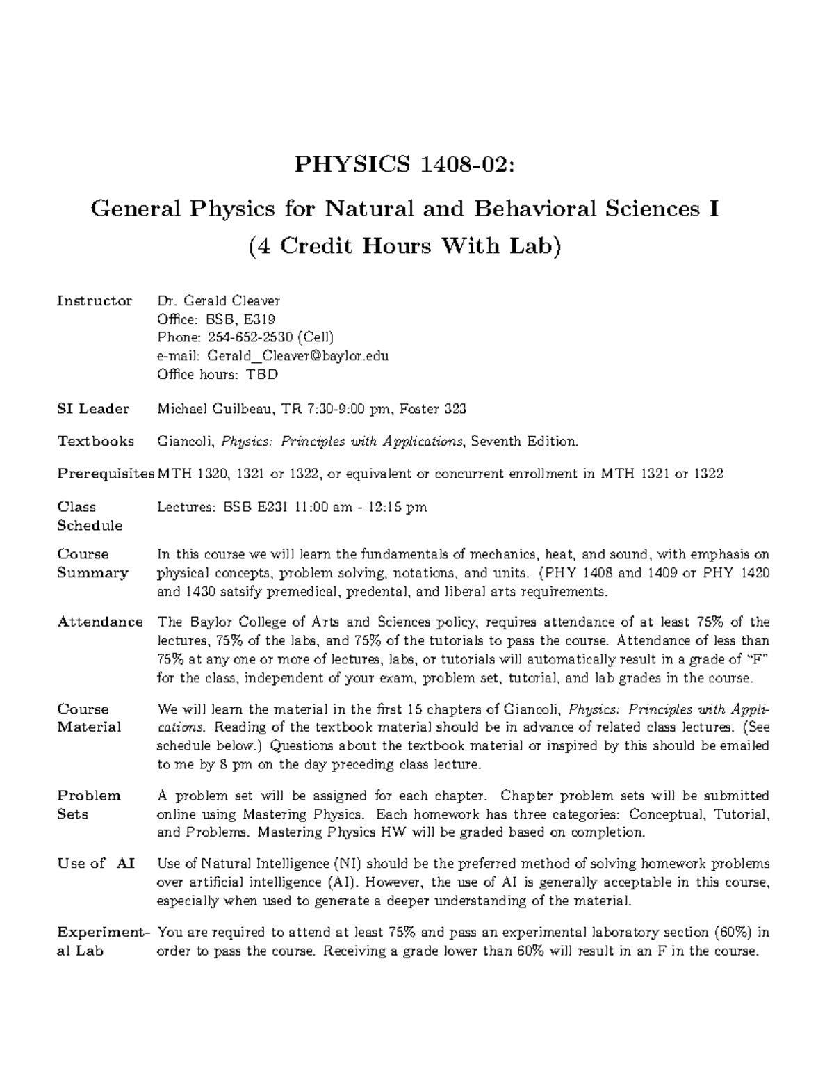 PHY 1408 General Physics Syllabus for Fall 2025 (With Lab) - Studocu