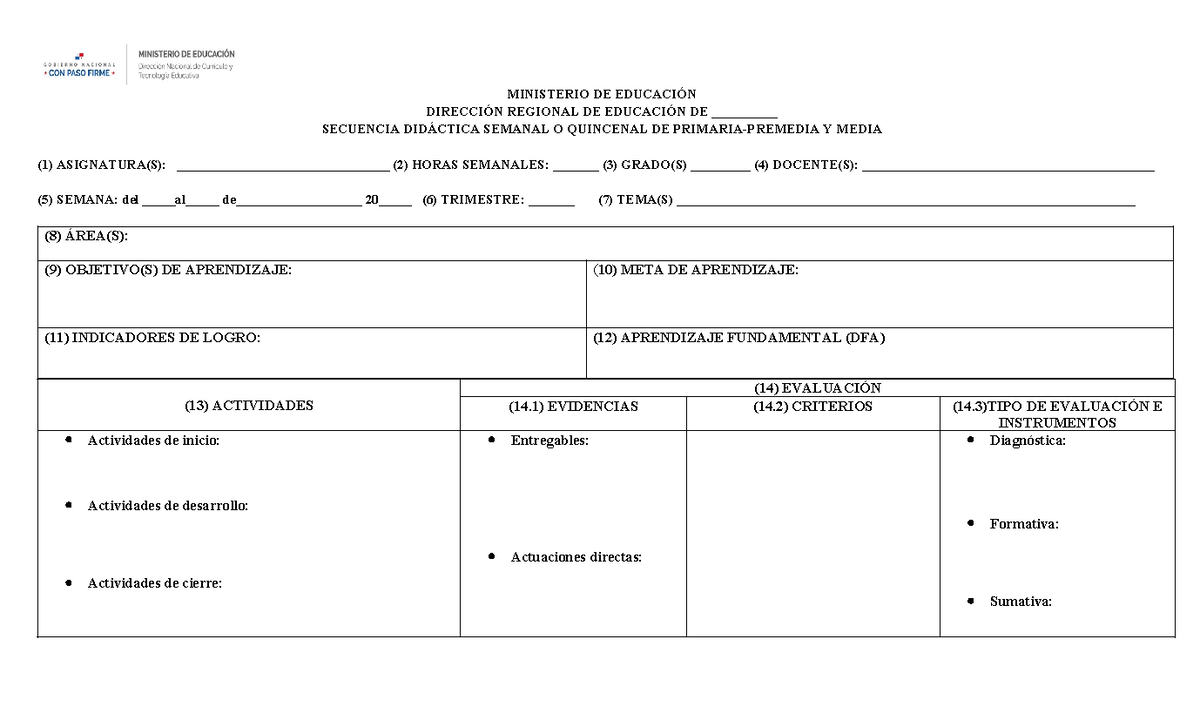 Formato de Planificación Semanal Primaria y Premedia Media-1 - Studocu