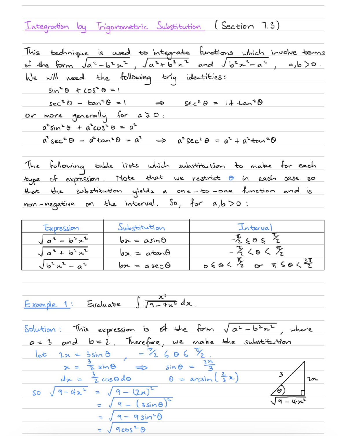Integration Techniques: Trigonometric Substitution and Examples - Studocu
