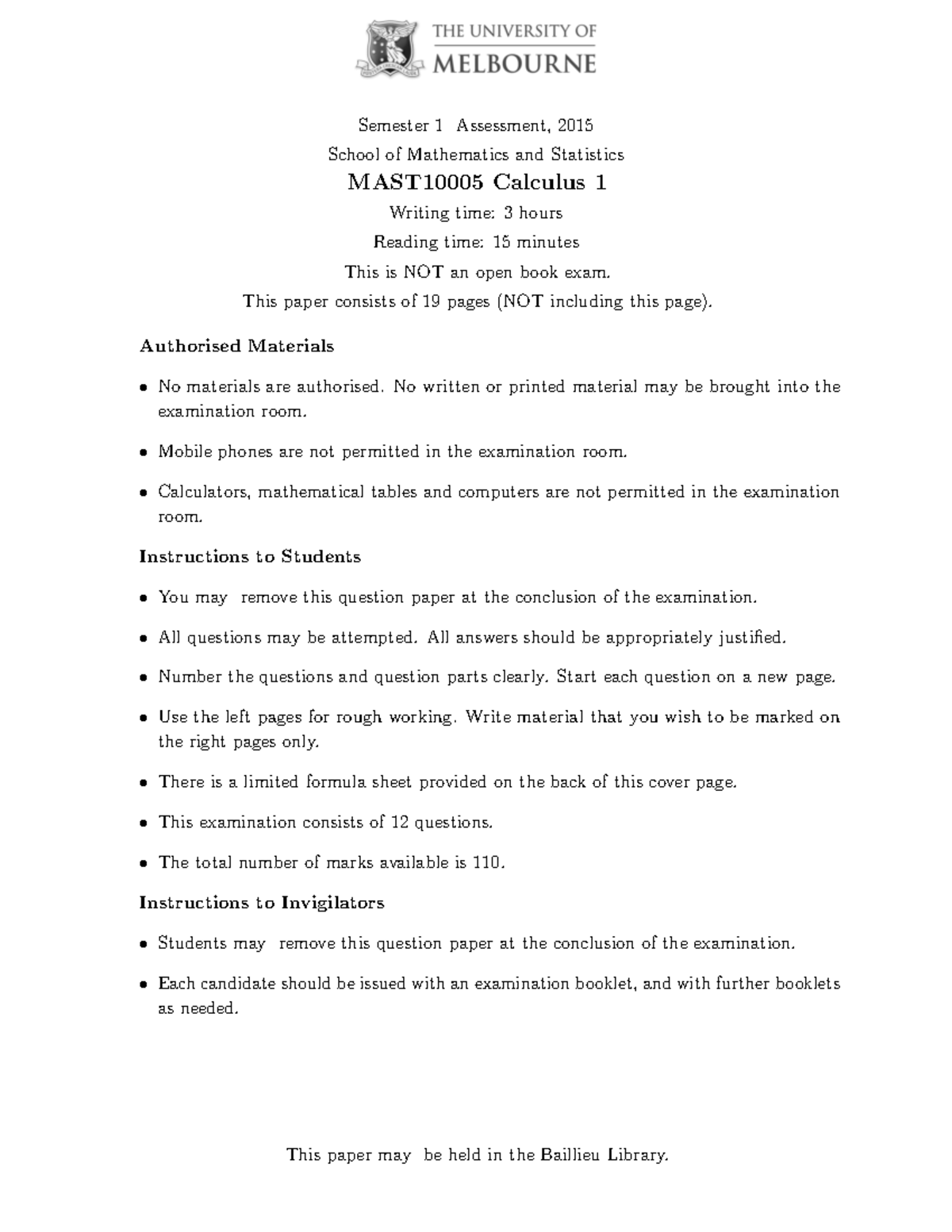 Exam June 2015, answers - ! Semester 1 Assessment, 2015 School of ...