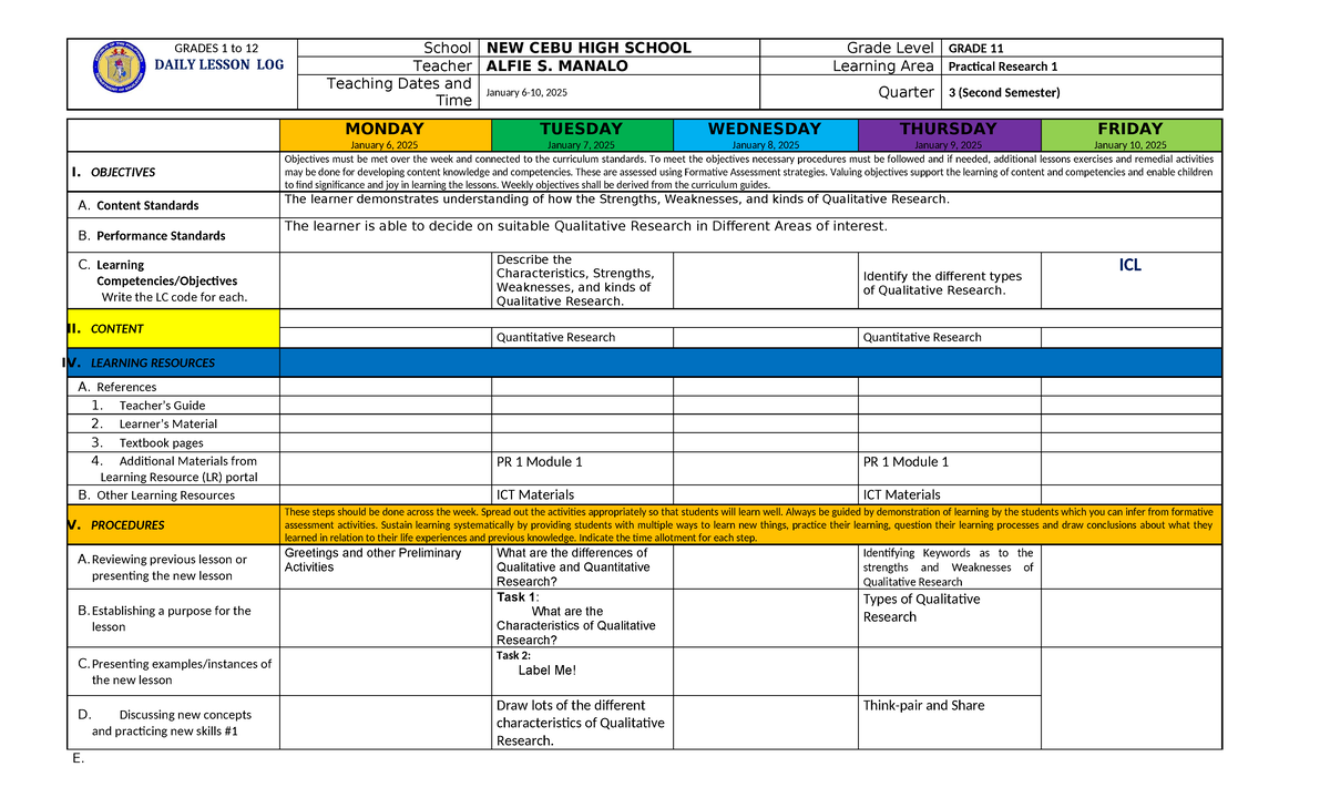 GRADE 11 Practical Research 1 Daily Lesson Log (DLL) - Jan 2025 - Studocu