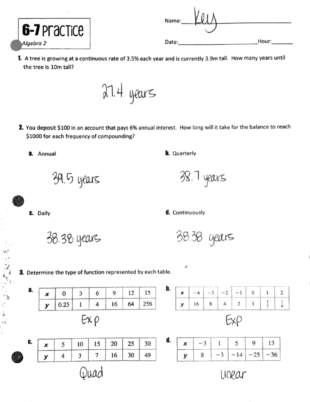 Algebra 2 Practice Key: Growth & Function Types (6-7) - Studocu