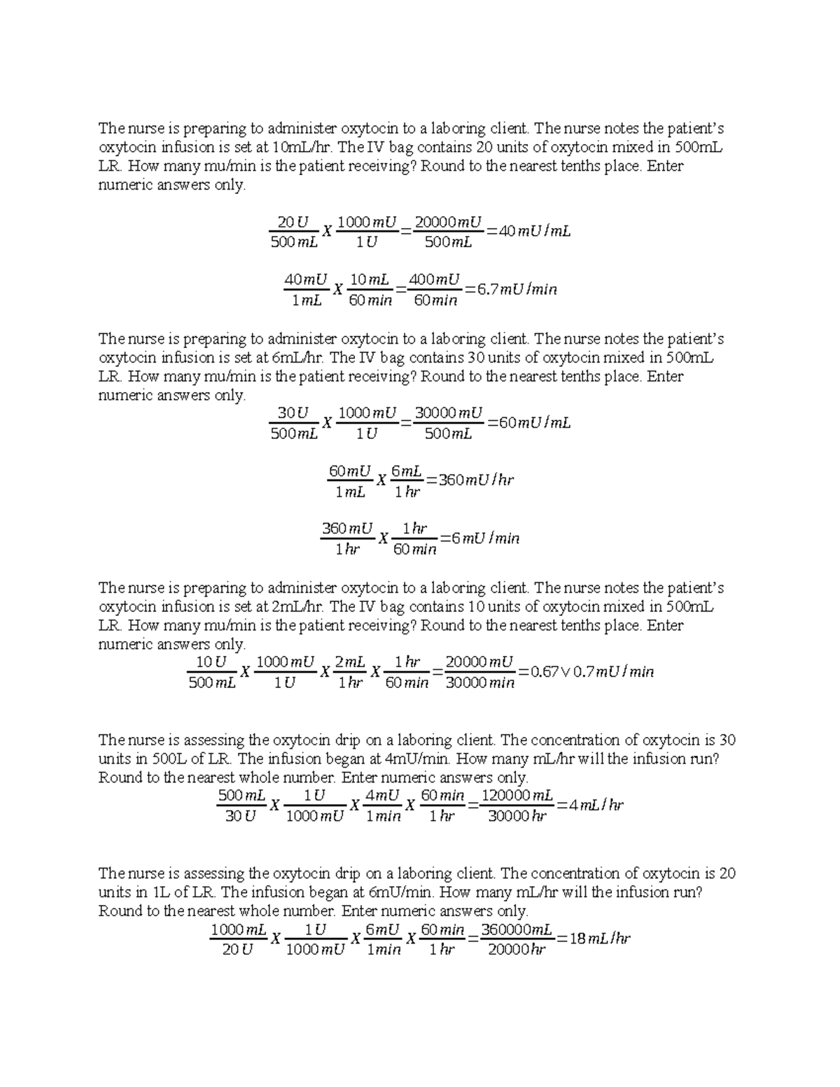 Oxytocin Medication Math Practice (NUR 101) with Answers - Studocu