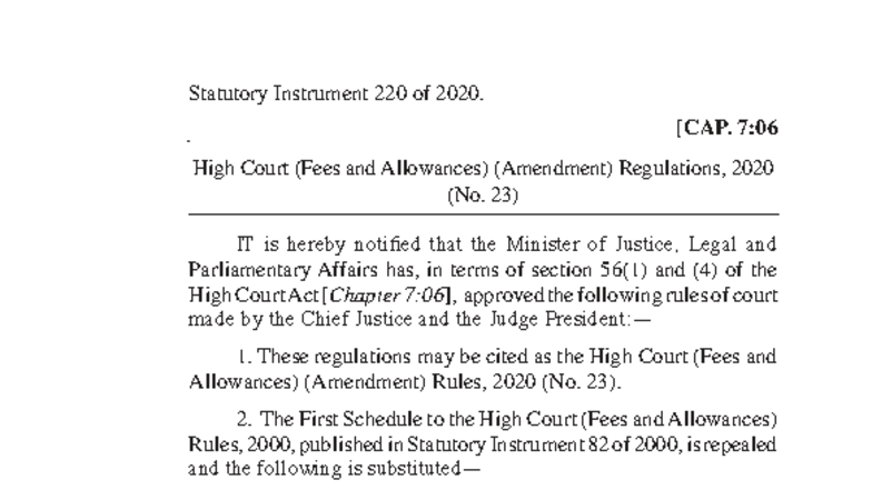 SI 220/2020 High Court Fees & Allowances Amendment Regs (No. 23) - Studocu
