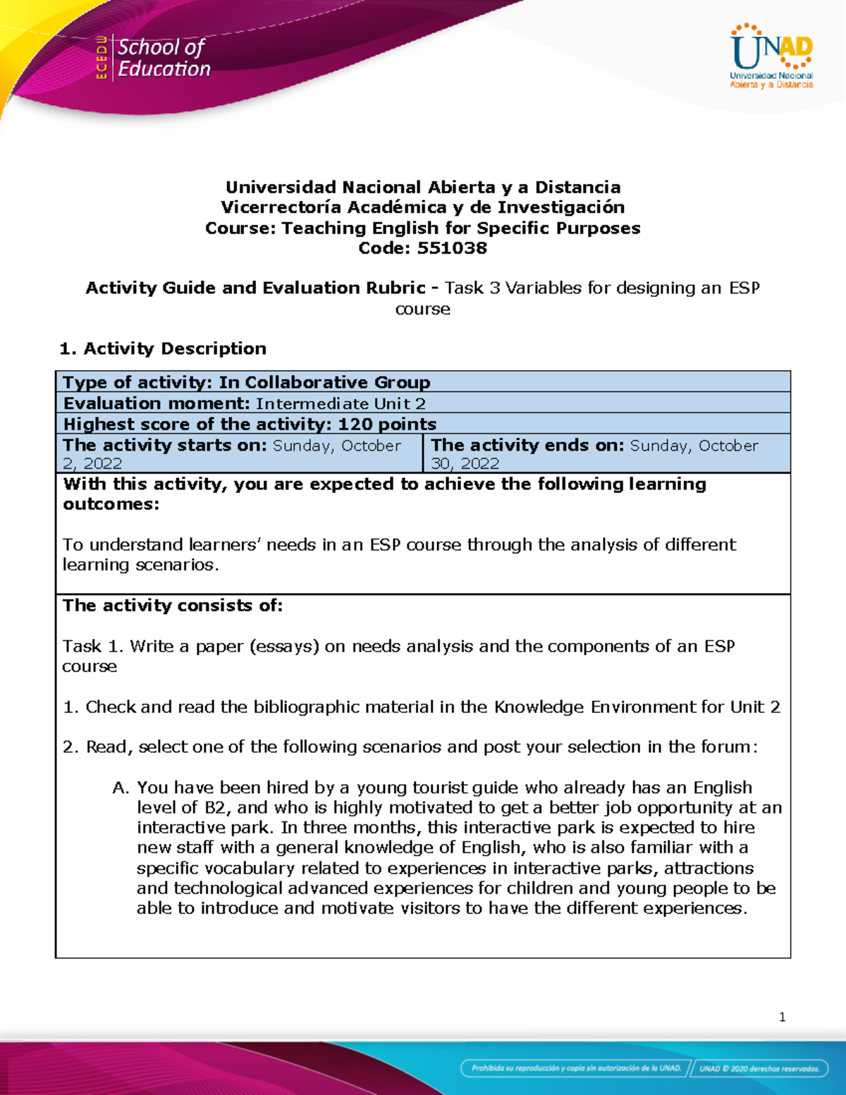 551038 - Task 3 Activity Guide & Eval Rubric for ESP Course Design ...