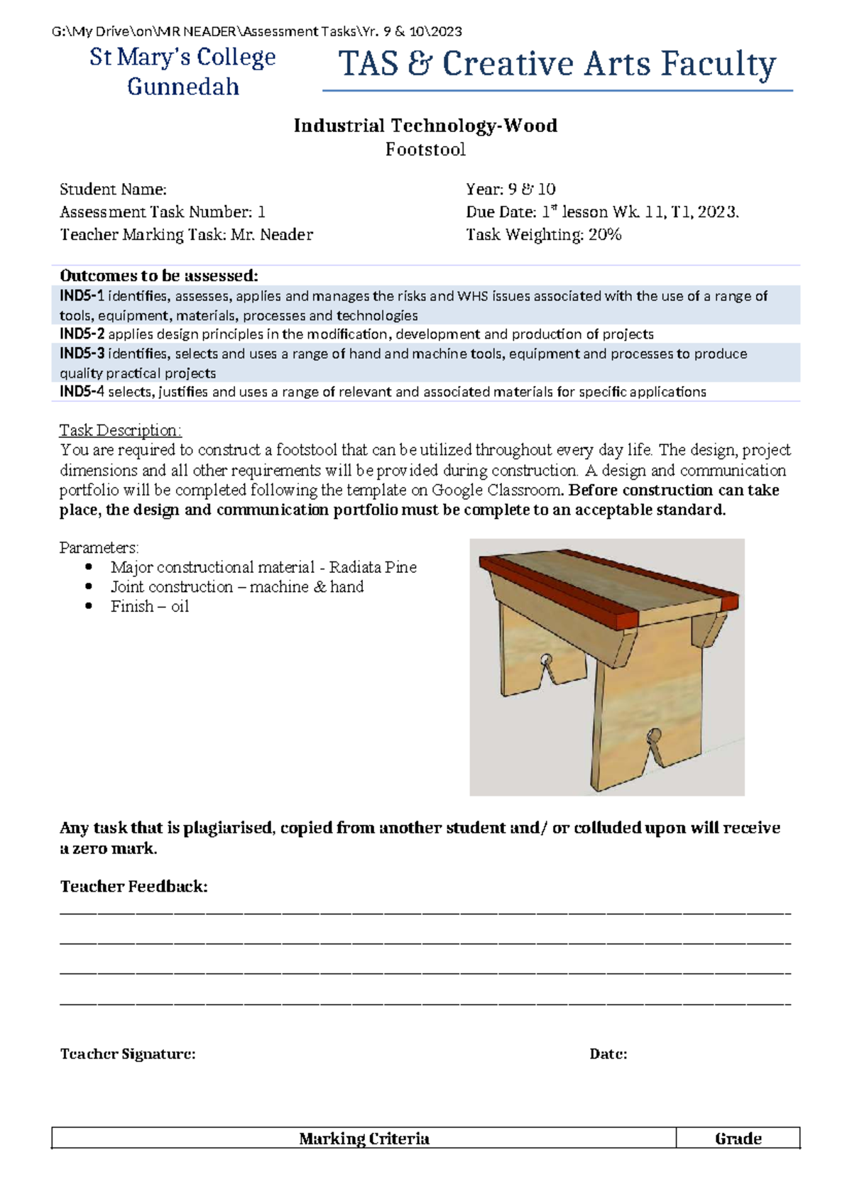Yr 9 & 10 T1 Creative Arts Footstool Project Guidelines - Studocu