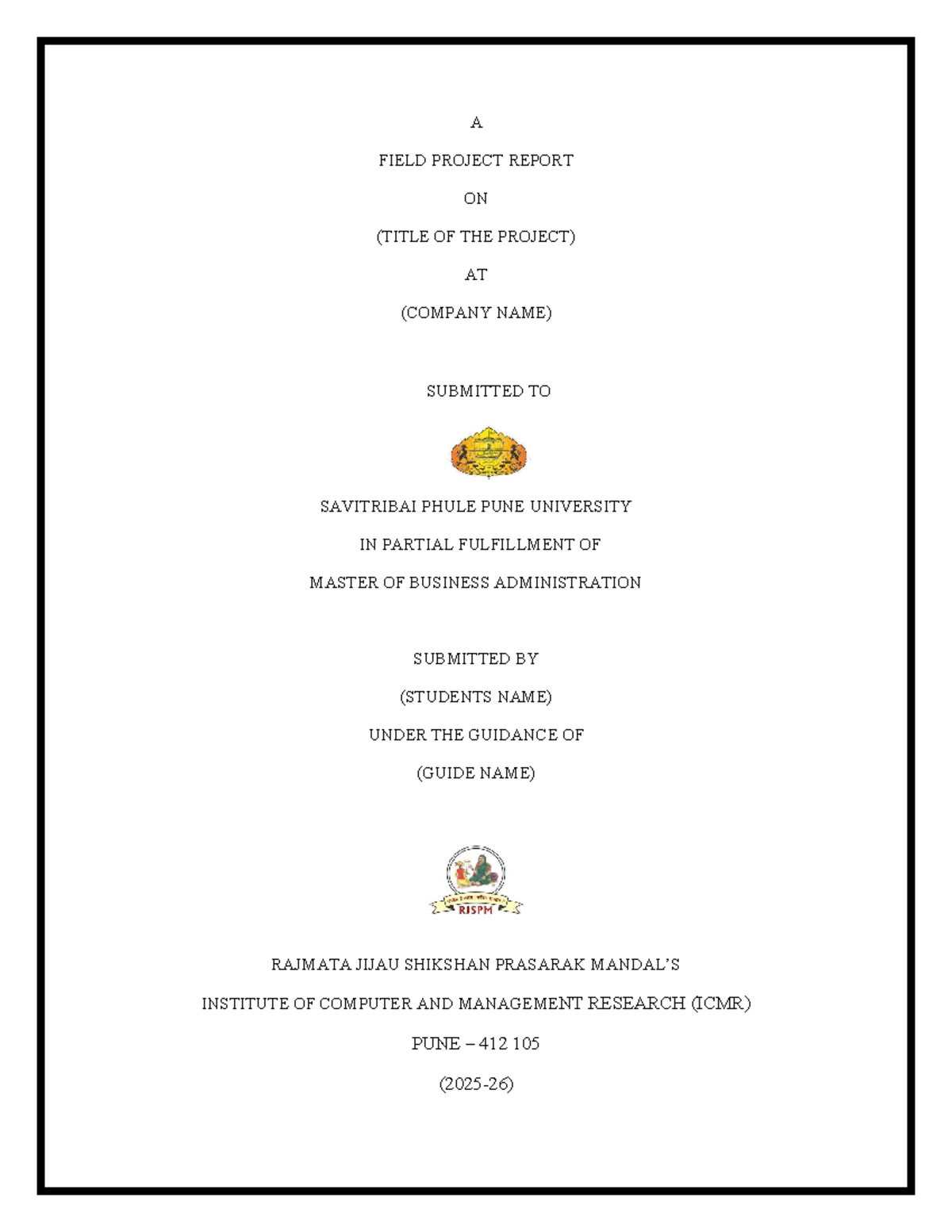 Filed Project First Page Format - MBA - A FIELD PROJECT REPORT ON ...