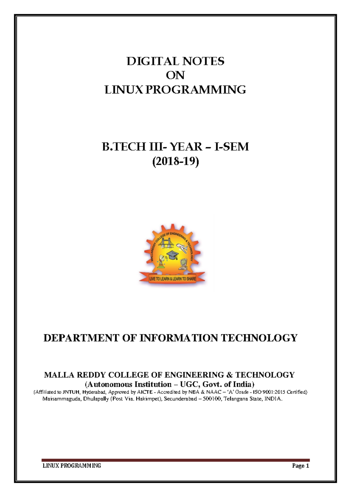 B.TECH IT I Sem LINUX PROGRAMMING Study Notes - Studocu