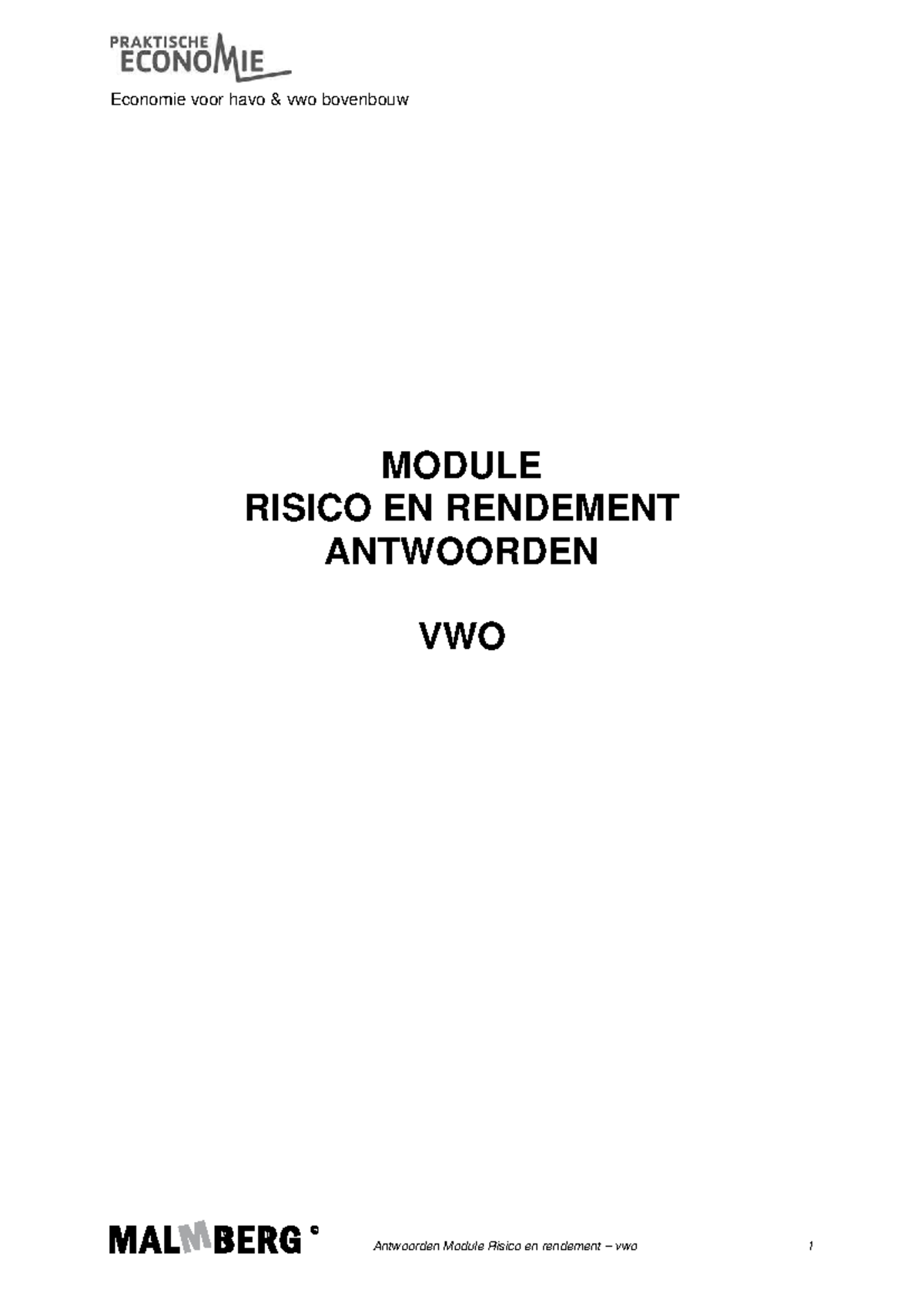 Economie VWO 1: Antwoorden Module Risico en Rendement - Studeersnel