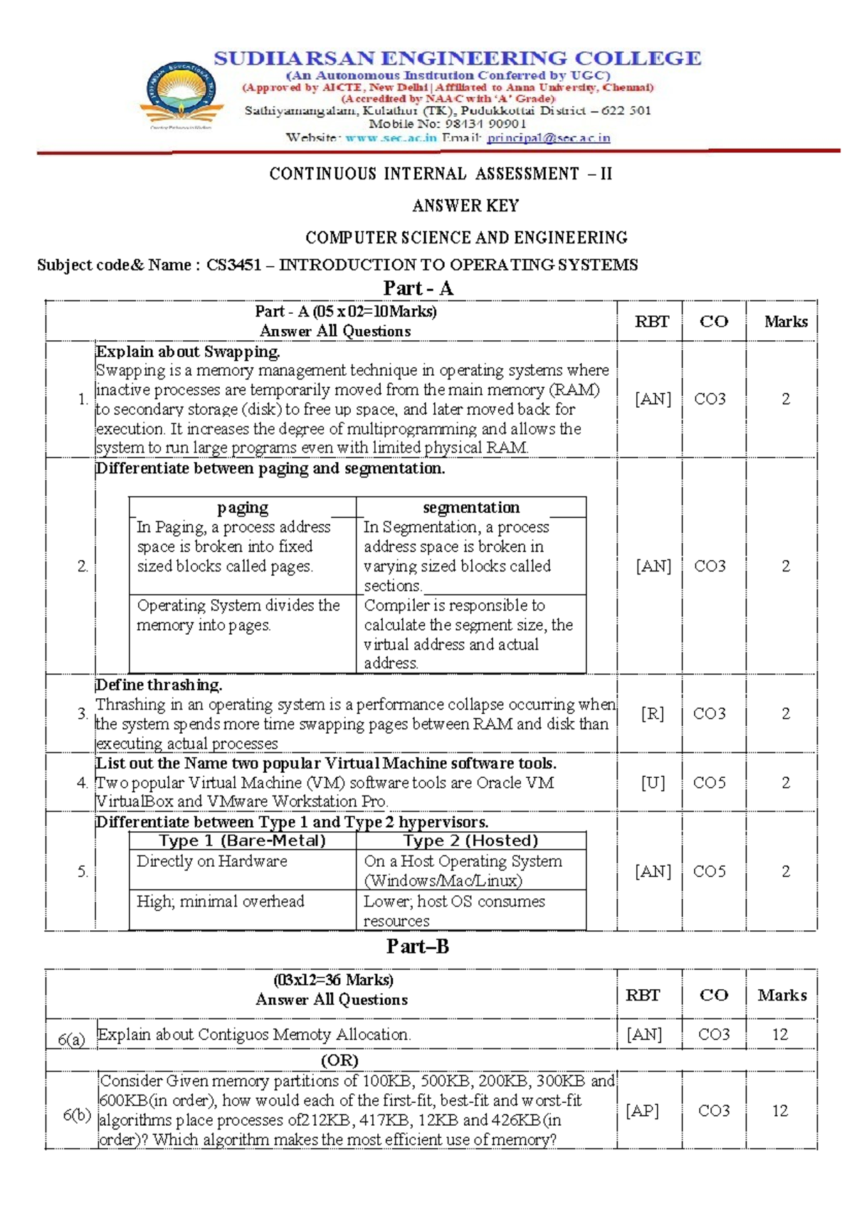 CS3451 Continuous Internal Assessment II Answer Key: Operating Systems ...