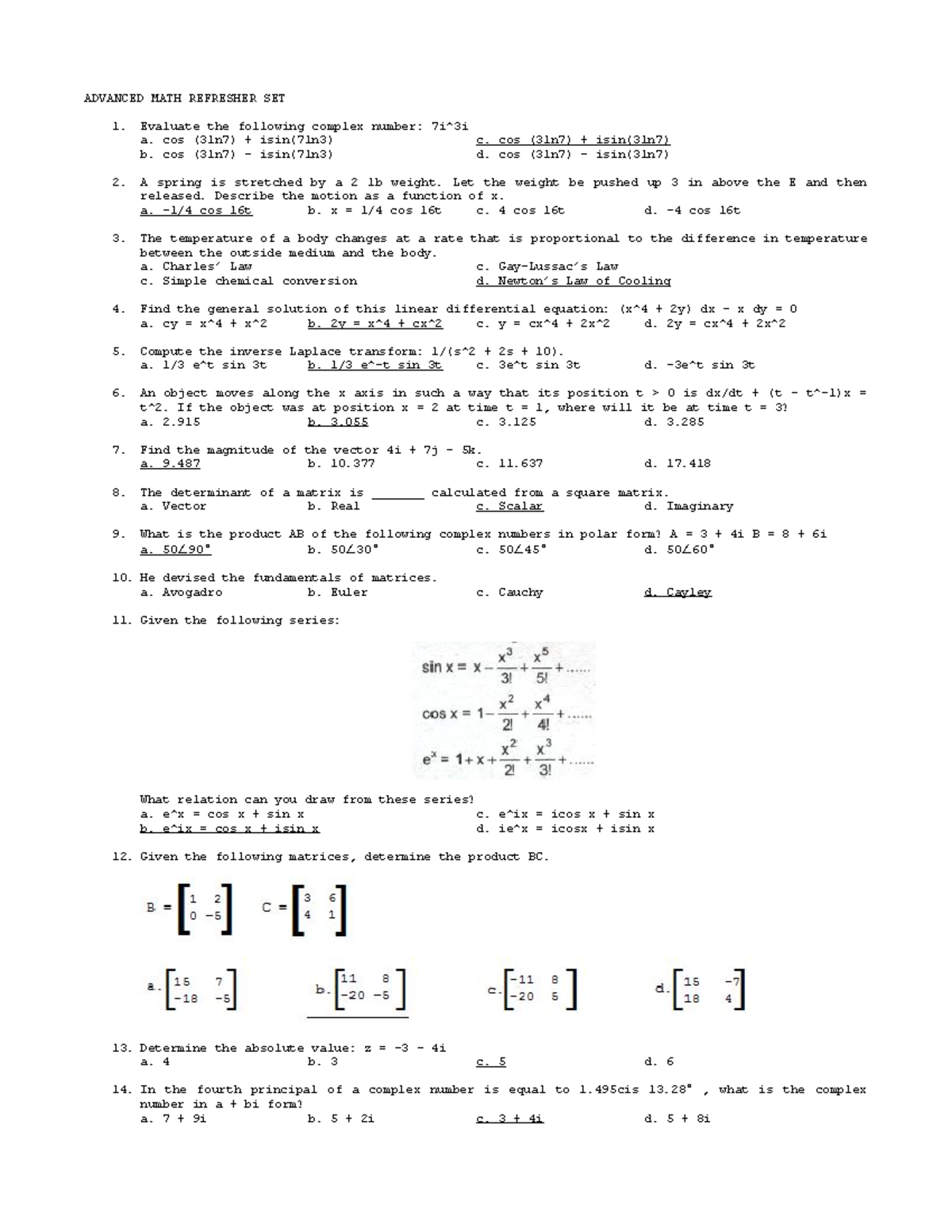 Advanced MATH Refresher SET - ADVANCED MATH REFRESHER SET Evaluate the ...