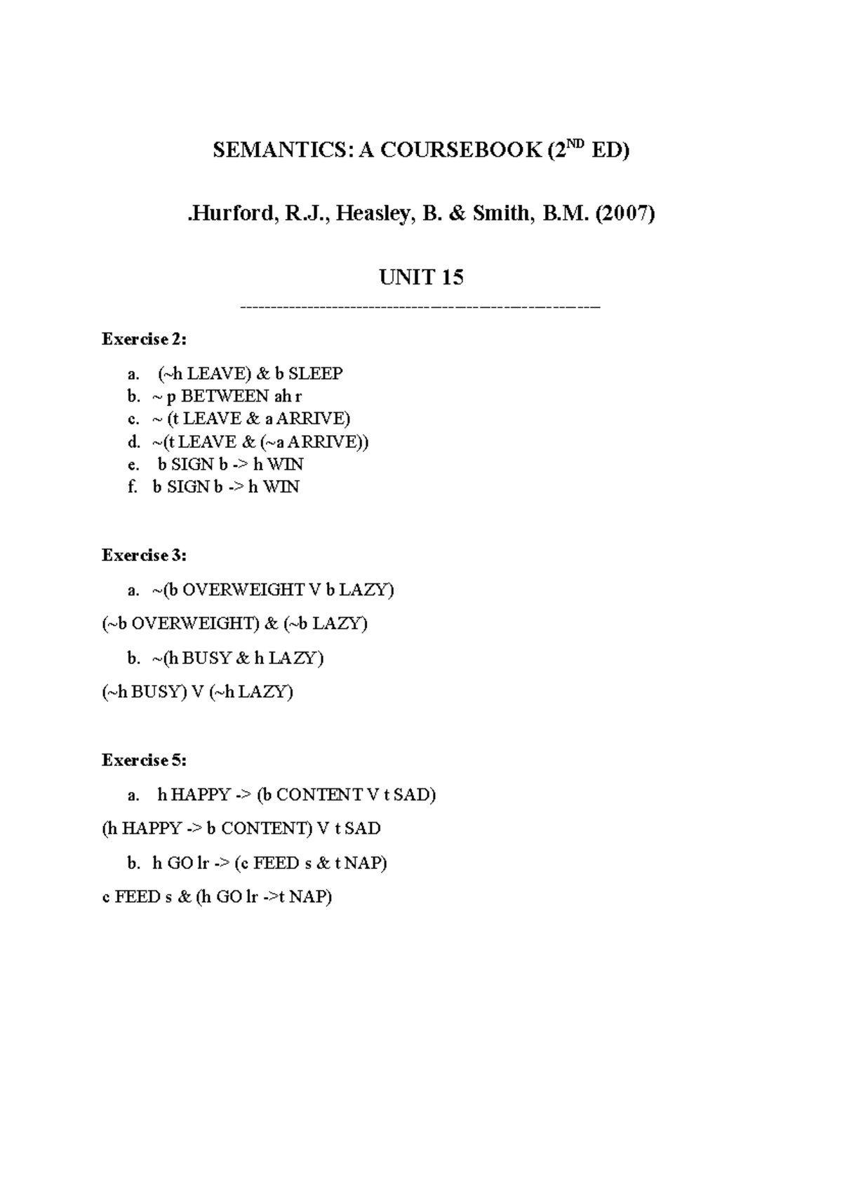 Unit 15 Answer Key - Semantics Exercises & Logic Rules - Studocu