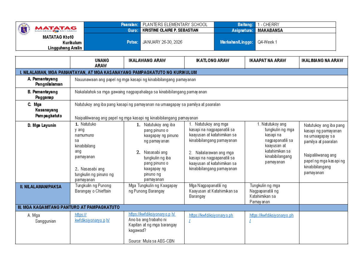 WEEK 1-Q4: Makabansa Lesson Plan for Grade 1 Students - Studocu
