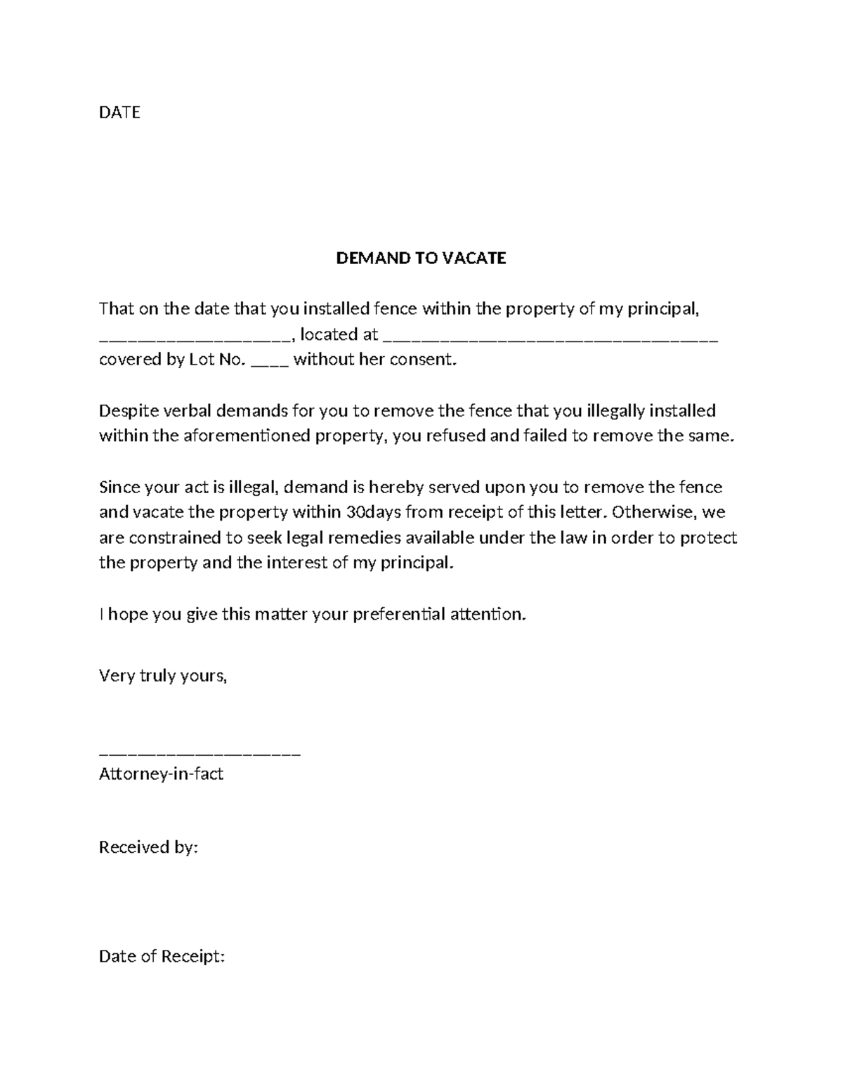 Sample Demand Letter to Vacate Property – Legal Notice - Studocu