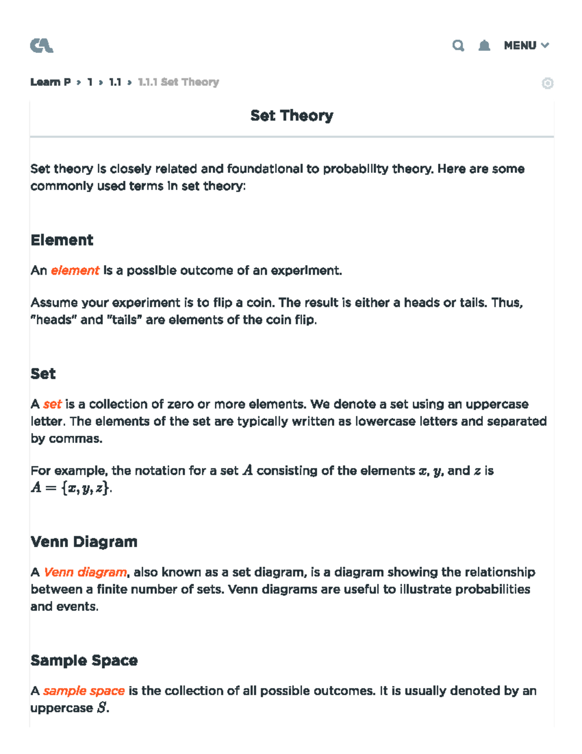 1 - Probability and Stats - MENU Learn P 1 1 1.1 Set Theory Set Theory ...