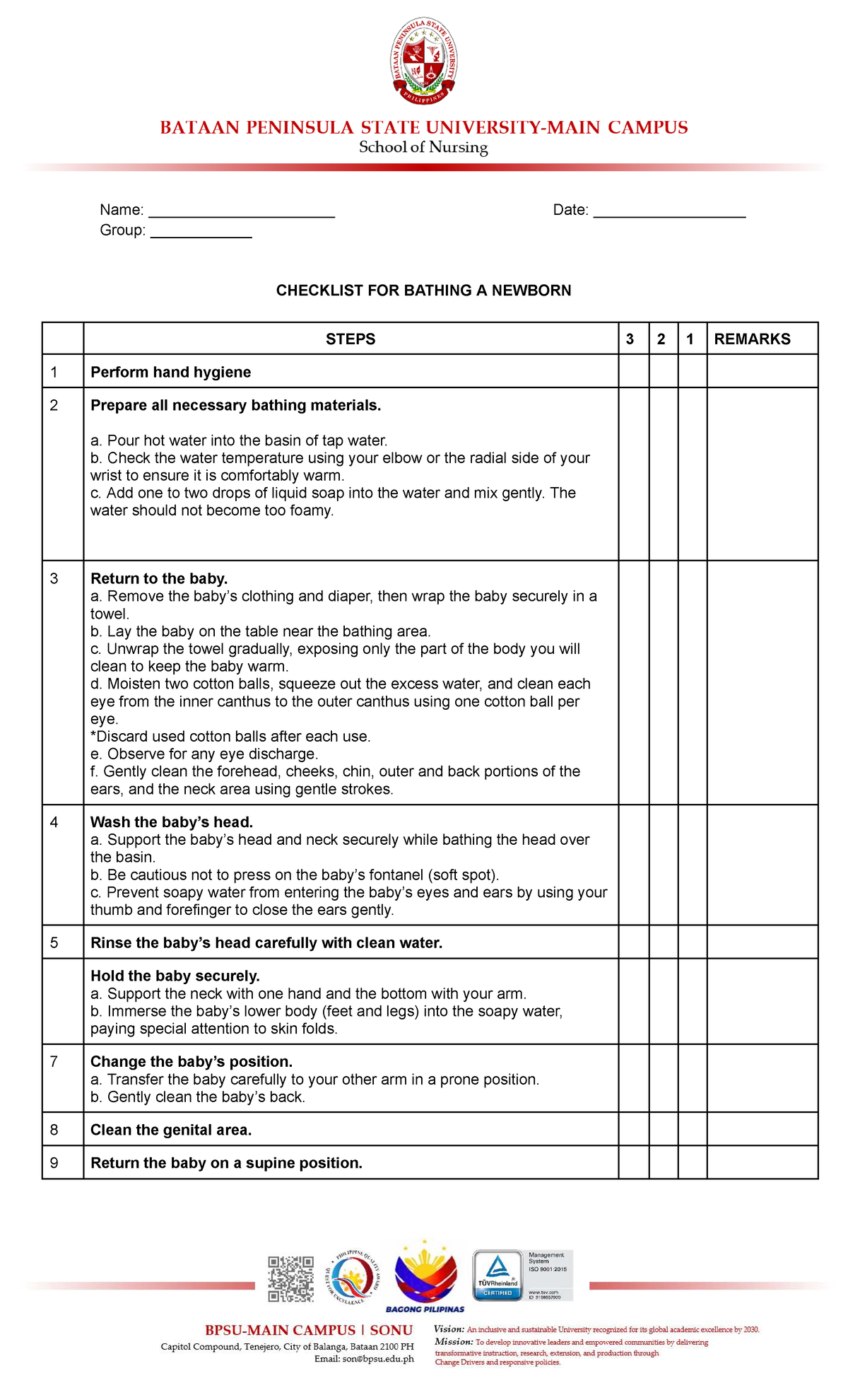Retdem- Checklist for Bathing, Dressing, and Swaddling a Newborn - Studocu