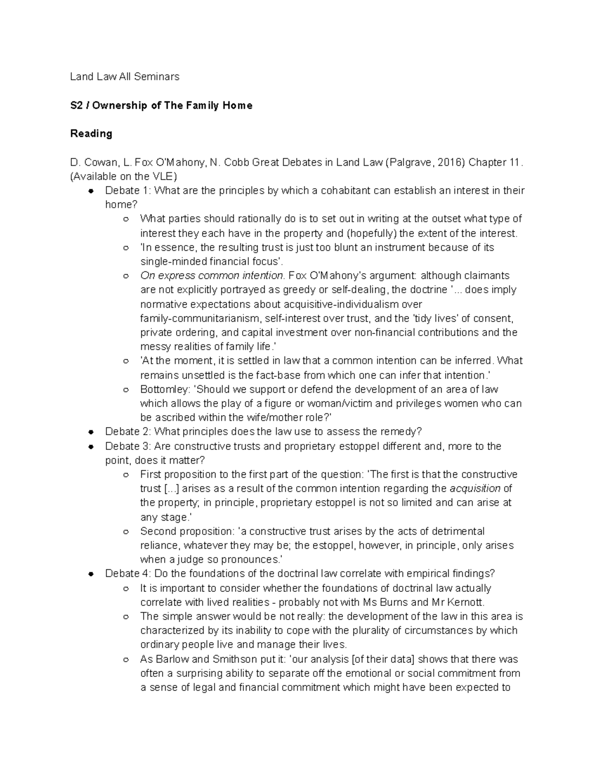 Land Law S2 Seminar Notes: Family Home Ownership Debates - Studocu