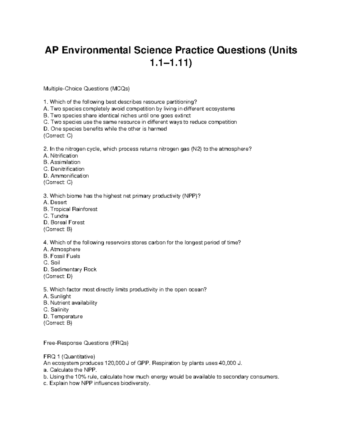APES Practice Questions: Resource Partitioning & Nitrogen Cycle - Studocu
