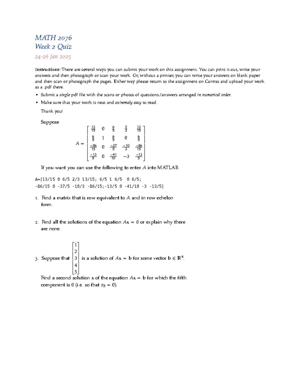 MATH 2076 Week 2 Quiz: 25 Questions and Submission Guidelines - Studocu