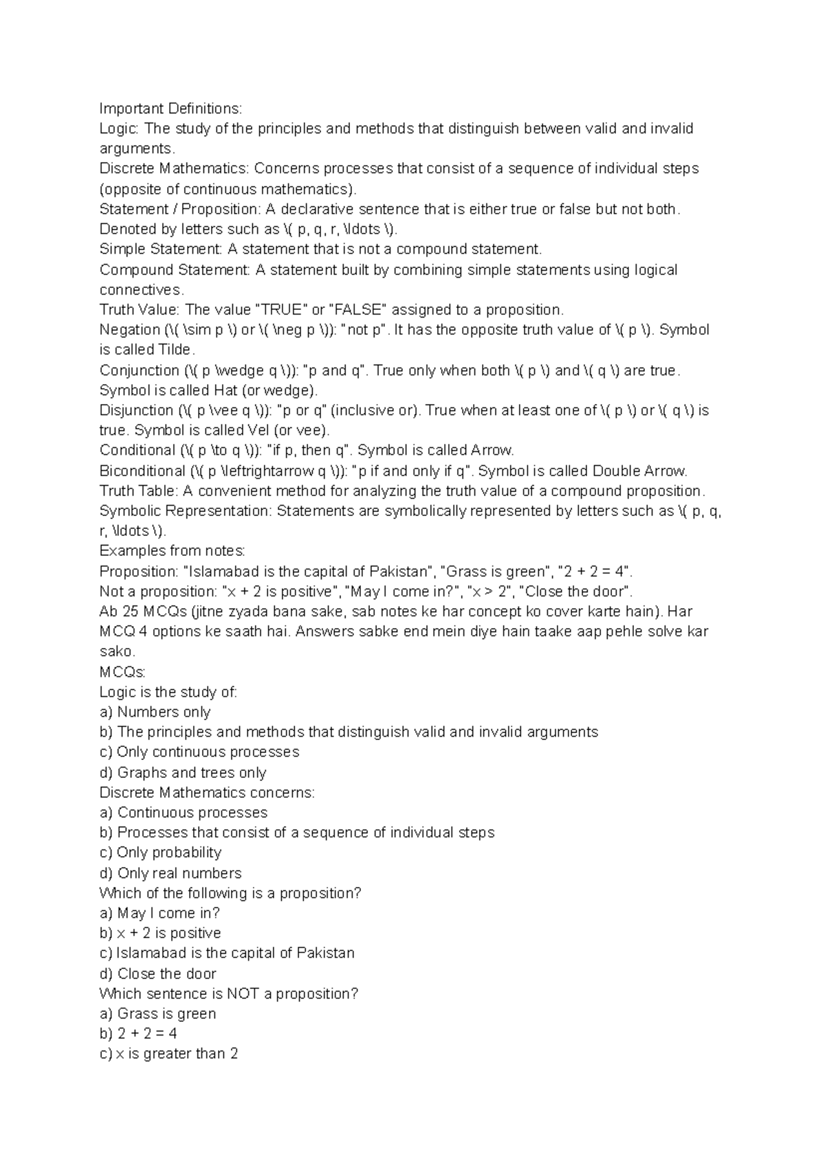 Logic and Discrete Mathematics Definitions and MCQs (Course Code: DM101 ...